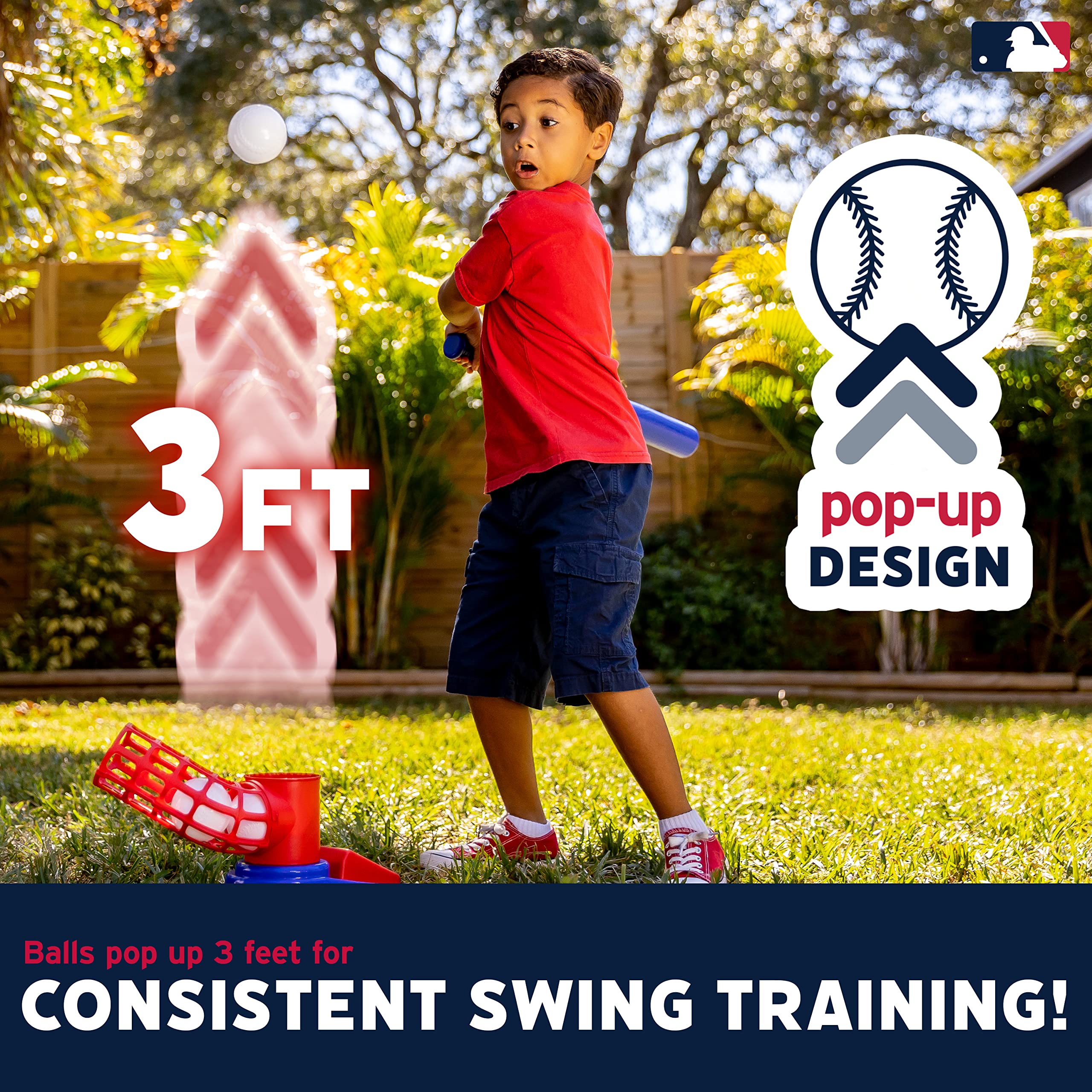 Franklin Sports Kids Baseball Pitching Machine - Pop A Pitch Batting Trainer with Youth Bat & 3 Plastic Balls - Perfect for Backyard Practice, Team Training & Birthday Gifts - Red/Blue Baseball Toy for Boys & Girls