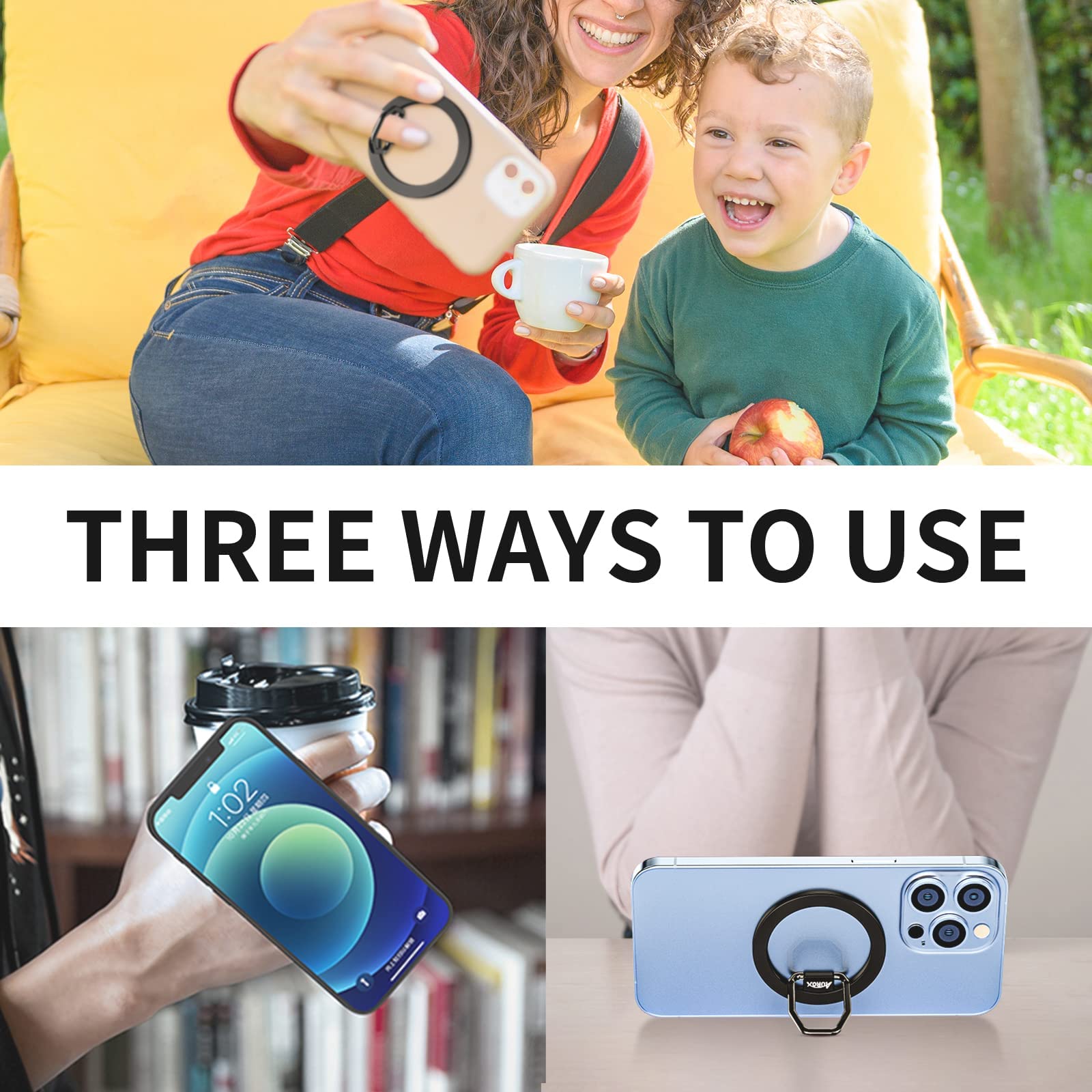 AUROX Magnetic Phone Grip with Magsafe Ring Holder - Adjustable & Secure for iPhone 16/15/14/14 Pro/14 Pro Max/14 Plus/13/13 Pro/13 Mini/13 Pro Max/12/12 Pro/12 Mini/12 Pro Max (Silver) - Perfect for One-Handed Use, Gaming, and Video Watching