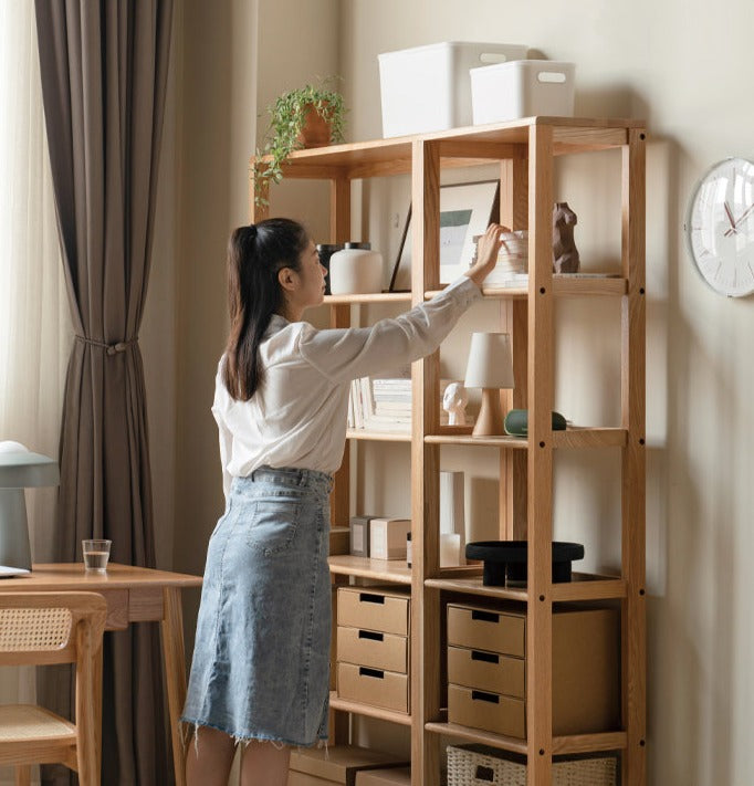 Solid Oak Wood 5-Tier Bookshelf - Sturdy Multi-Layer Bookcase for Home Office, Living Room & Library Storage
