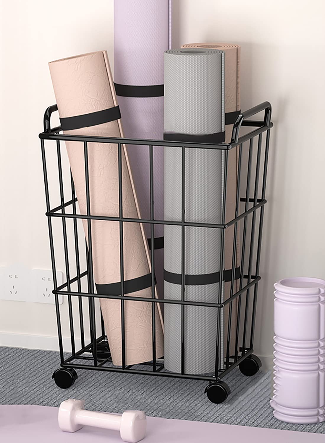 Metal Yoga Mat Organizer Basket with Wheels & Handle - Floor Standing Yoga Mat Holder Storage Cart for Home Gym, Fitness Room & Yoga Studio - Portable Mobile Yoga Equipment Organizer for Easy Mat Storage & Transport