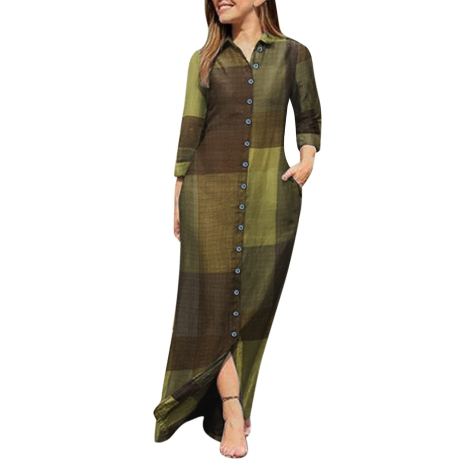 Women's Long Sleeve Plaid Button Down Dress with V-Neck & Pockets - Casual Hawaiian Loose Fit Maxi Dress for Beach Vacation, Summer Outings & Boho Style Fashion