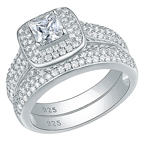 SHELOVES White Princess Cut CZ Engagement Ring Set Wedding Band for Women 925 Sterling Silver Size 5-12 | Perfect for Proposals, Anniversaries & Bridal Jewelry Gifts