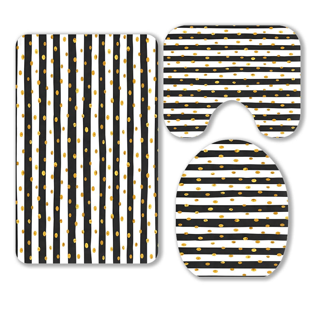3-Piece Bathroom Rug Set with Gold Dots & Black White Stripes - Non-Slip Contour Mat & Toilet Lid Cover for Modern Bathroom Decor