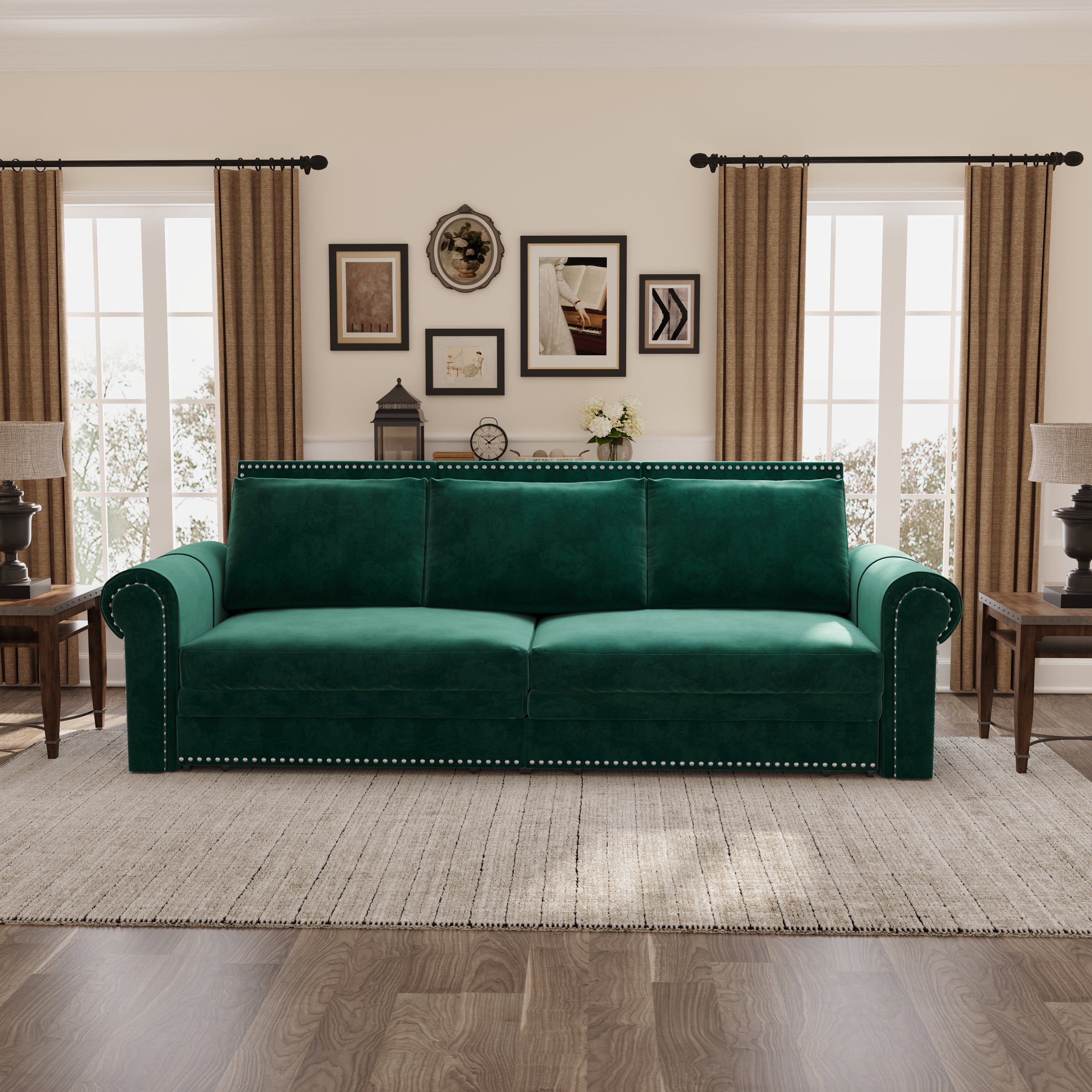 93.7'' King Size Chesterfield Pull Out Sofa Bed - 3-in-1 Velvet Convertible Sleeper Sofa with Nailhead Trim & Rolled Arms - Multi-Functional Sectional for Living Room, Bedroom, Apartment & Office - Emerald Green Sofa Bed for Small Spaces & Guest Rooms