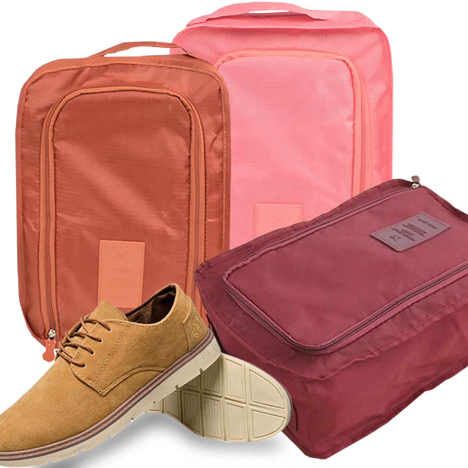 3-Piece Foldable Waterproof Travel Shoe Bag Set - Burgundy/Orange/Pink Shoe Organizer for Packing | Perfect for Air Travel, Gym, Beach & Vacation Essentials