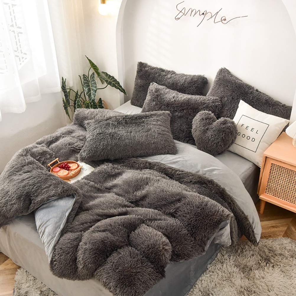 Luxury Plush Velvet Duvet Cover Set - 4 Piece Ultra Soft Mink Cashmere Bedding with Comforter Cover & Pillowcases - Winter Warm Shaggy Bedspread in Gray - Twin Size for Cozy Bedroom Decor & Guest Room Setup