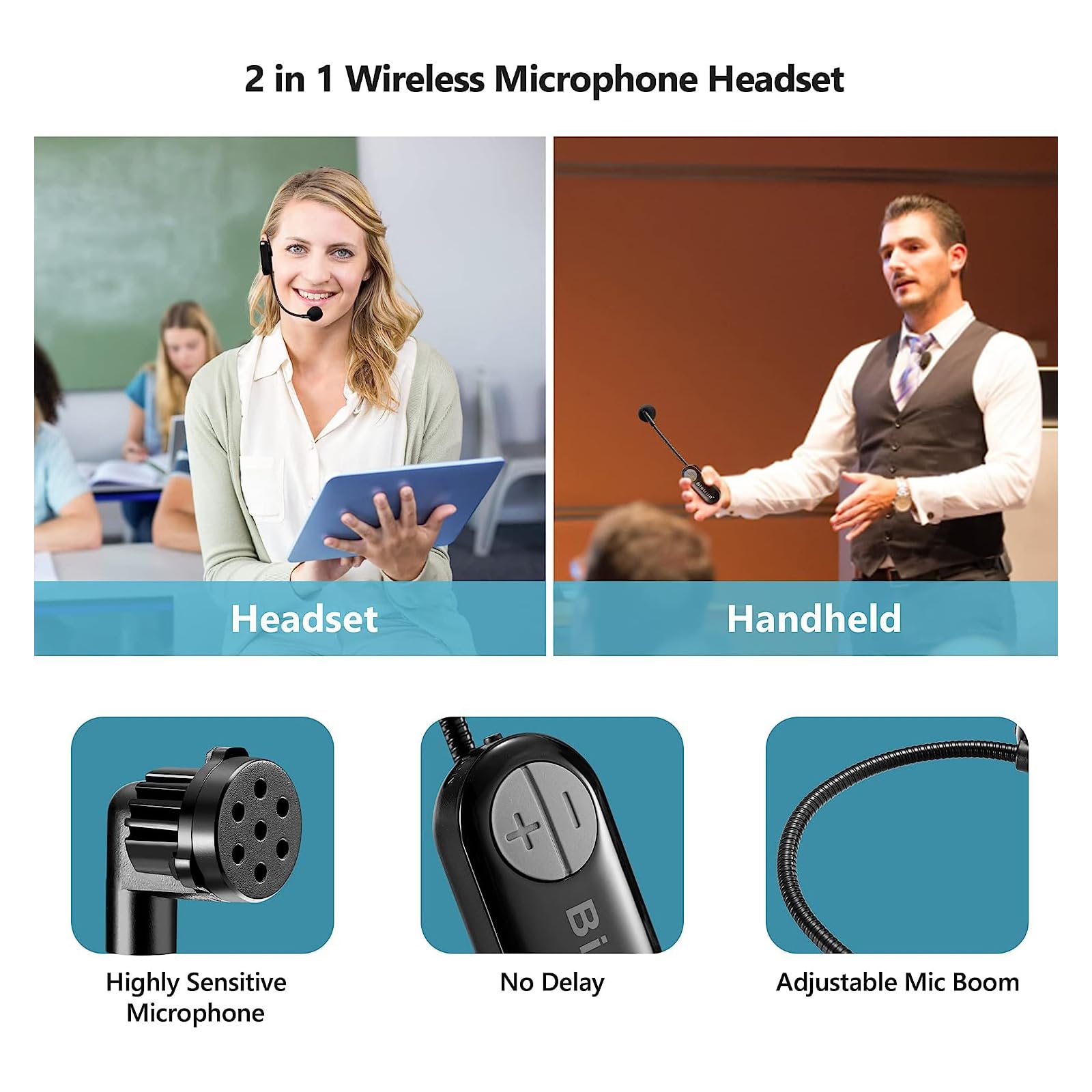 Bietrun UHF Wireless Microphone Headset with 1/4'' Plug, 165ft Range, 2-in-1 Headset & Handheld Mic for Karaoke, Amplifiers, PA Systems, Teaching, Fitness, Church Services, and Outdoor Events (Black)