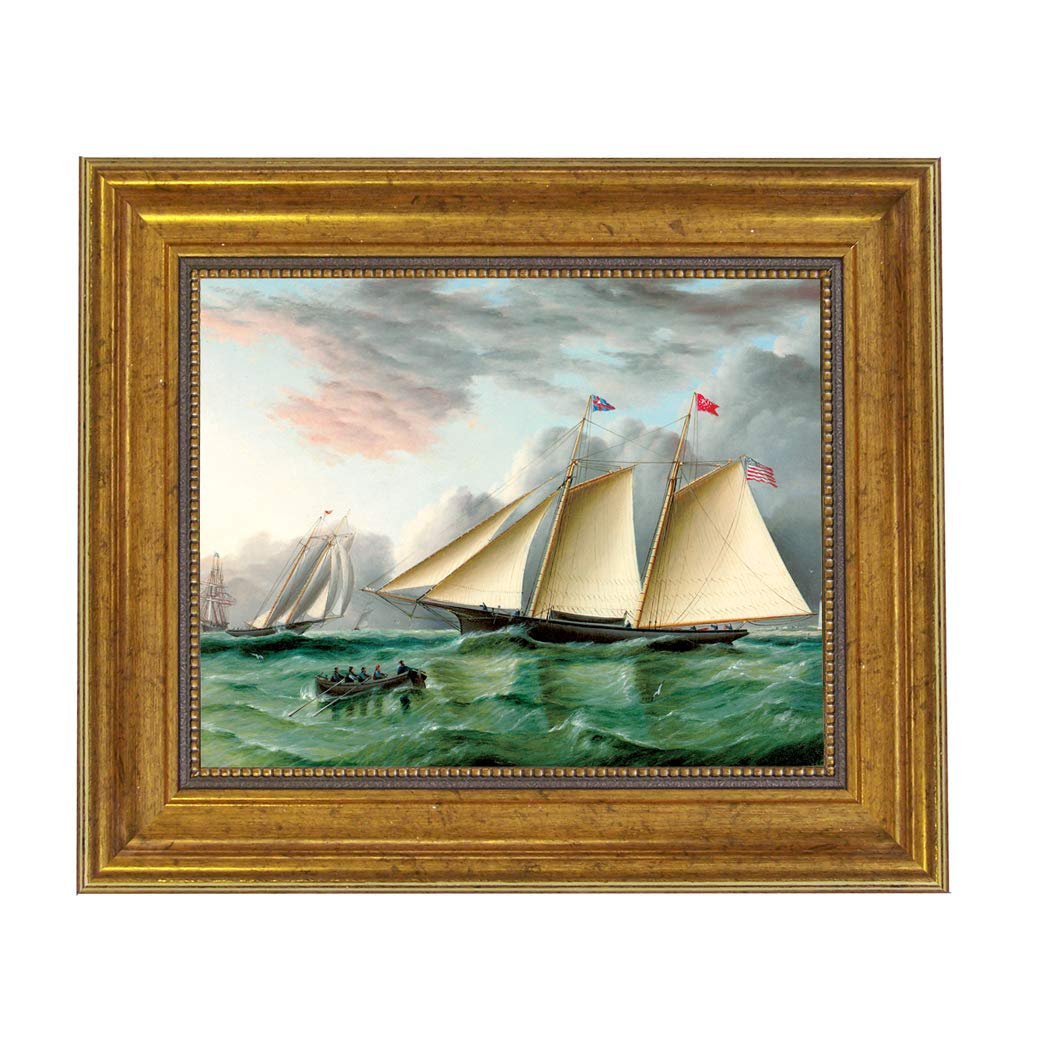Schooner Bay Co. - James E. Buttersworth Mohawk Yacht Oil Painting Print on Canvas with Gold Frame - Nautical Wall Art Decor - America's Cup Inspired - Ready to Hang - Perfect for Living Room, Office or Nautical-Themed Home Décor