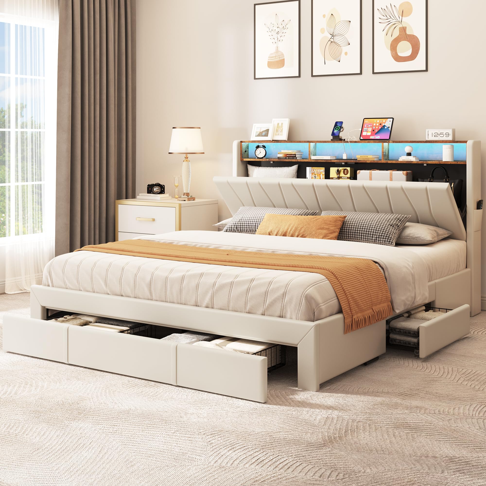 YITAHOME King Size Bed Frame with Storage - 4 Drawers, LED Lights & Upholstered Headboard, Platform Bed with USB Charging Station, No Box Spring Required, Easy Assembly, Beige - Perfect for Master Bedroom, Guest Room & Small Space Organization