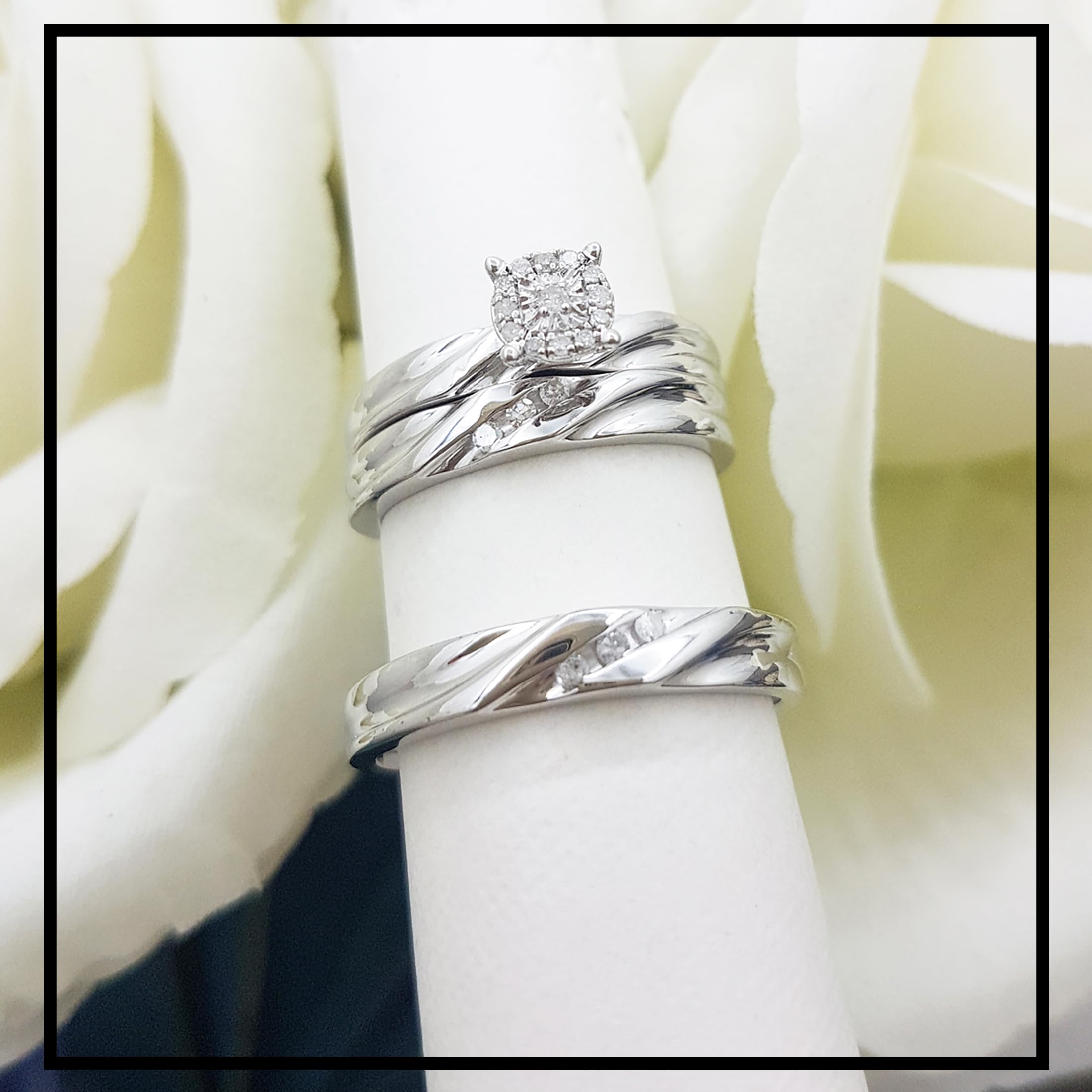 Dazzlingrock Collection 0.15 Carat Round White Diamond Halo Trio Ring Set in 925 Sterling Silver - Perfect for Engagement, Wedding, Anniversary & Special Occasions