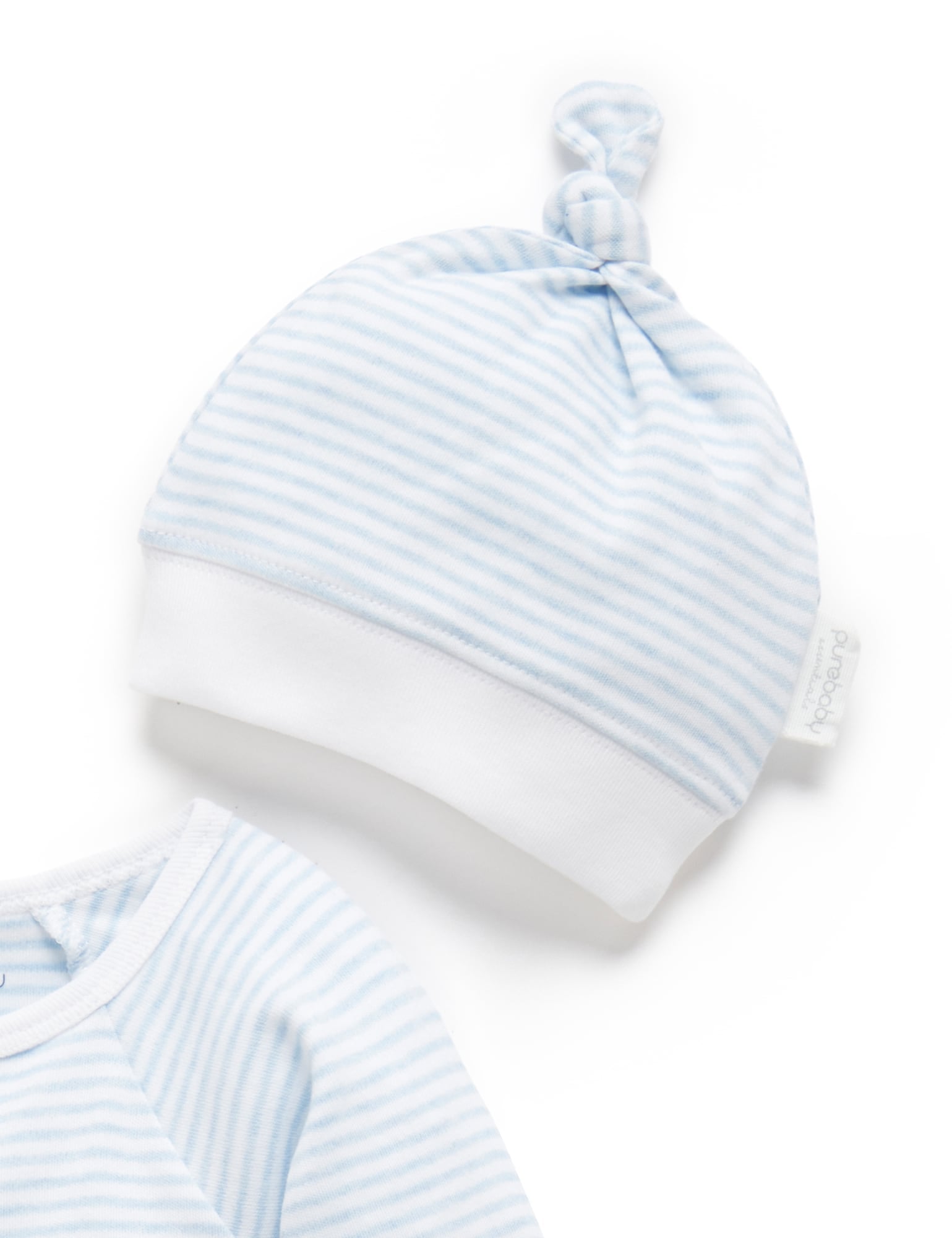 Purebaby Organic Cotton Baby Growsuit & Hat Set - Blue Melange Stripe - Soft & Comfortable Newborn Outfit for Boys & Girls - Perfect for Sleepwear, Photoshoots & Everyday Wear