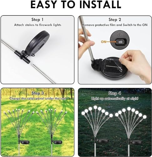 OZS 12-Pack 96LED Solar Garden Lights - Waterproof Solar Firefly & Swaying Fairy Lights for Outdoor Pathway, Yard, and Patio Decoration (Cool White) | Wind-Activated Dancing Lights for Garden, Lawn, and Landscape Lighting