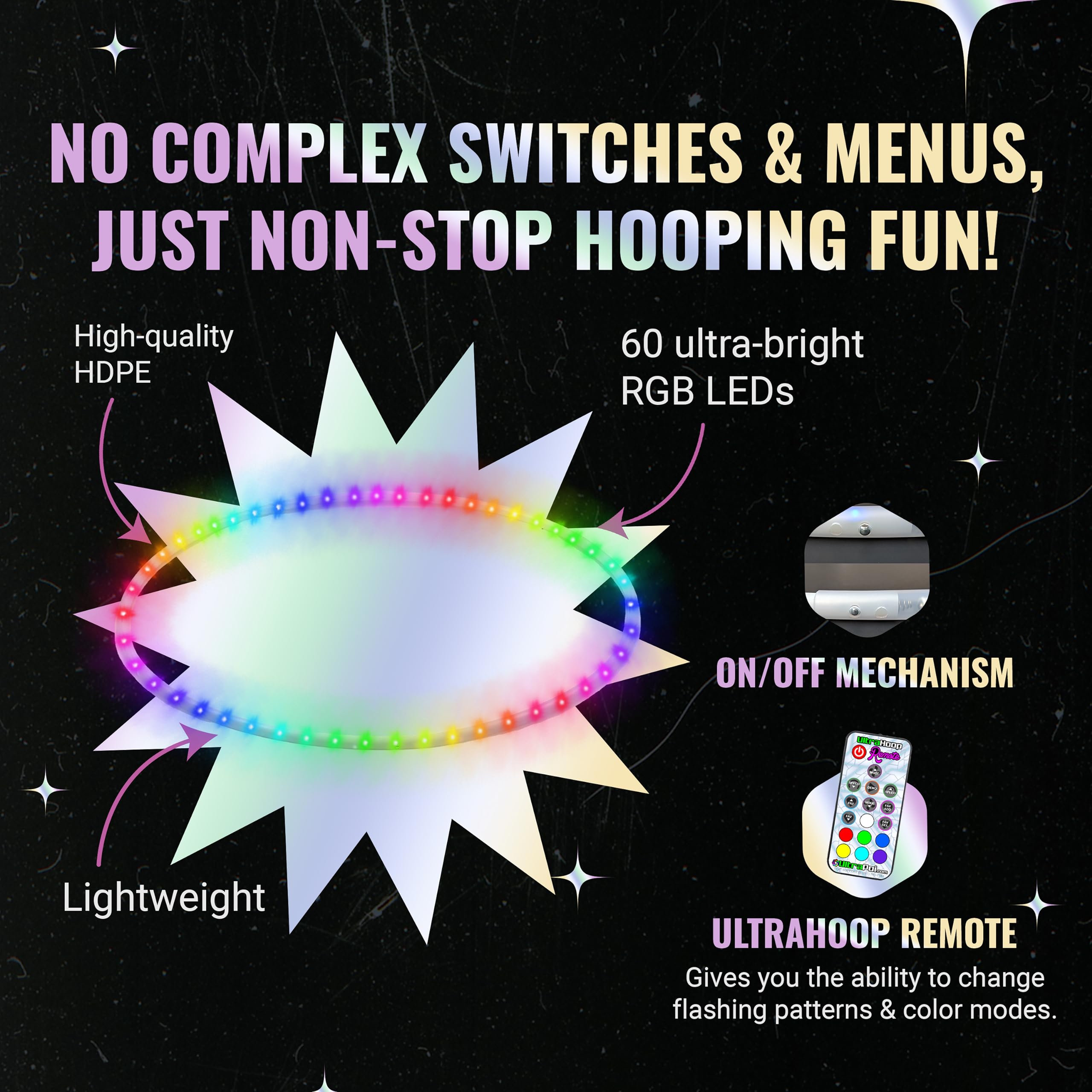 UltraHoop Remote LED Hoop - Wireless Control 60 Color Changing LED Lights with 300+ Modes & Patterns - Rechargeable Battery, HDPE Collapsible Design - Beginner to Advanced Hula Hoops - 30” x 5/8