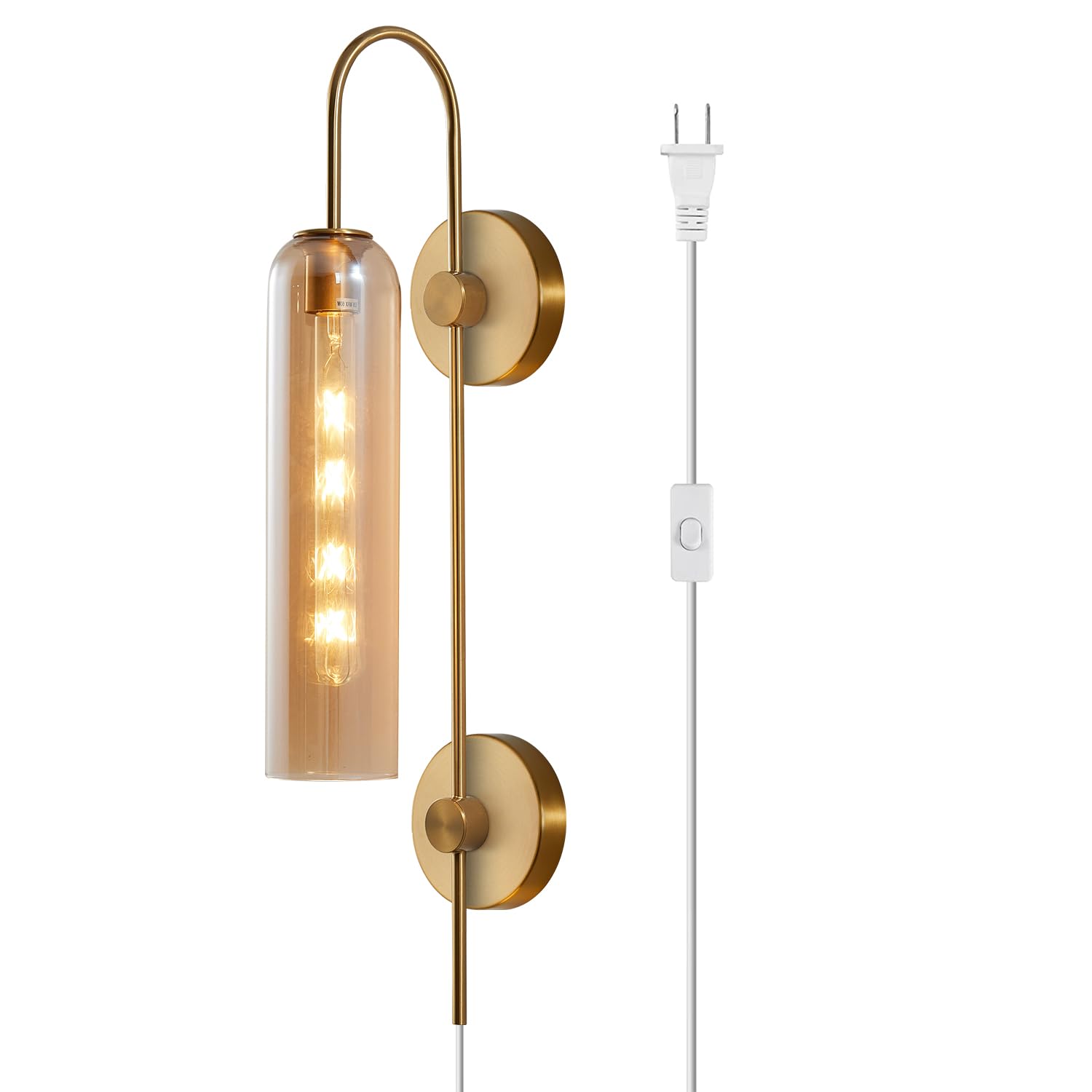 BOKT Modern 1-Light Amber Glass Plug-in Wall Sconce - Mid Century Brass Gold Vintage Industrial Lighting - Indoor Bathroom Bar Wall Lamp for Home Decor & Bedroom Lighting (Amber)