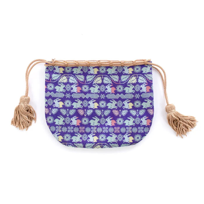 Handmade Kyoto Nishijin Silk Drawstring Pouch - Floral Rabbit & Lapis Lazuli Design | Japanese Traditional Craft Purse for Jewelry, Gifts & Special Occasions
