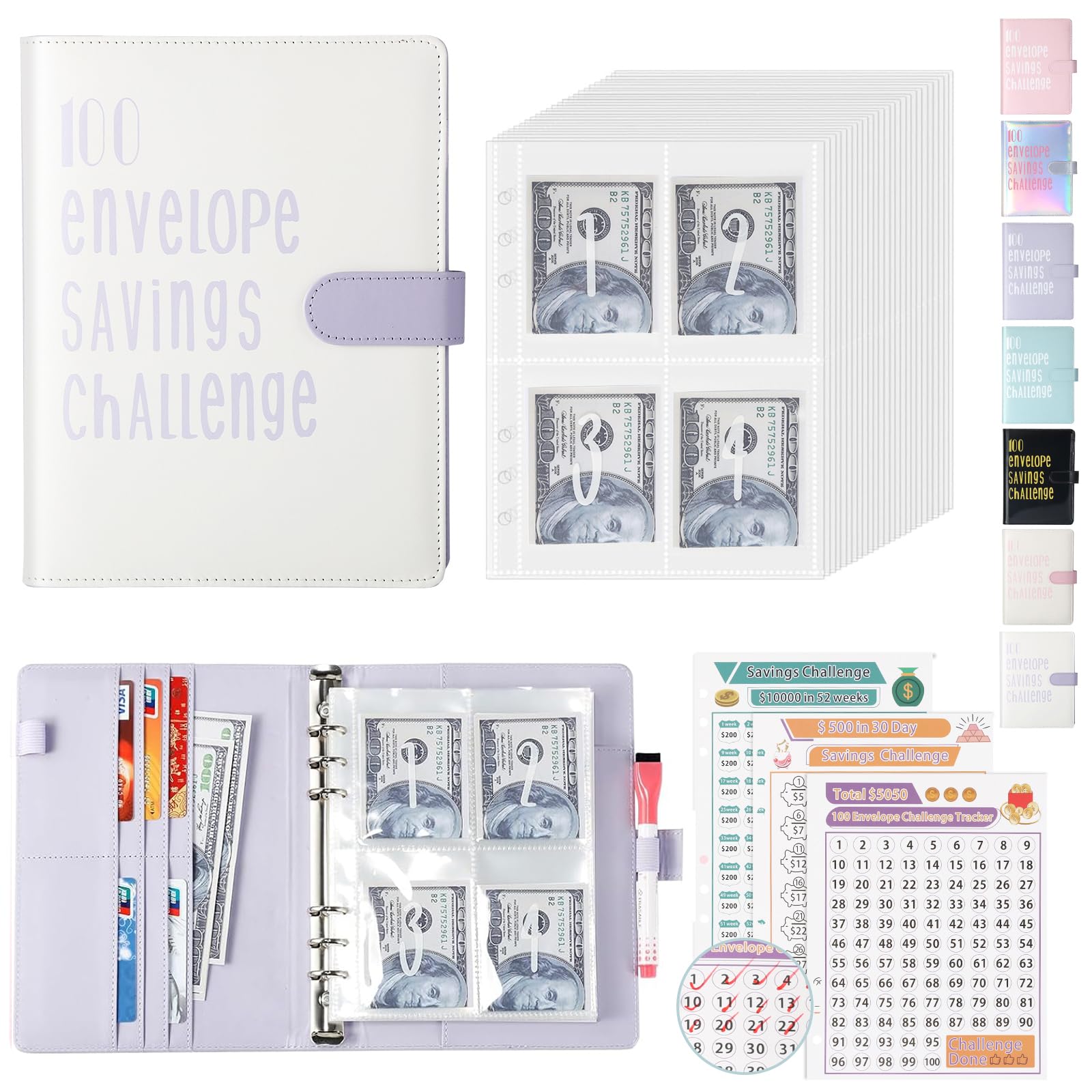 ONEDONE A5 Money Saving Challenge Binder - 100 Cash Envelopes with Erasable Marker for $5,050/$10,000 Savings Goals (White & Purple) - Perfect for Budget Planning, Financial Tracking, and Personal Finance Organization