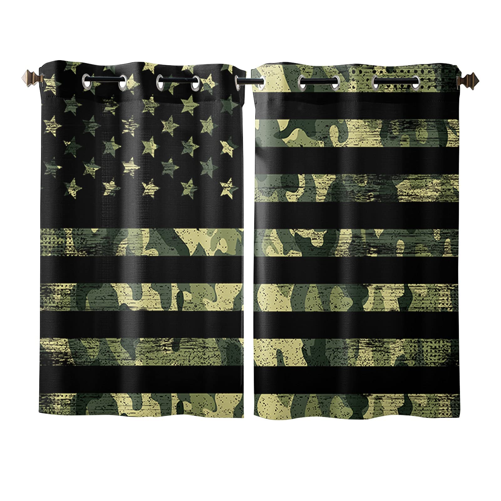 USA Flag Window Curtains - Patriotic Star & Black Stripe Camouflage Drapes with Grommet Top, 52x84 Inches (Set of 2 Panels) - Perfect for Bedroom, Living Room & Kitchen Decor