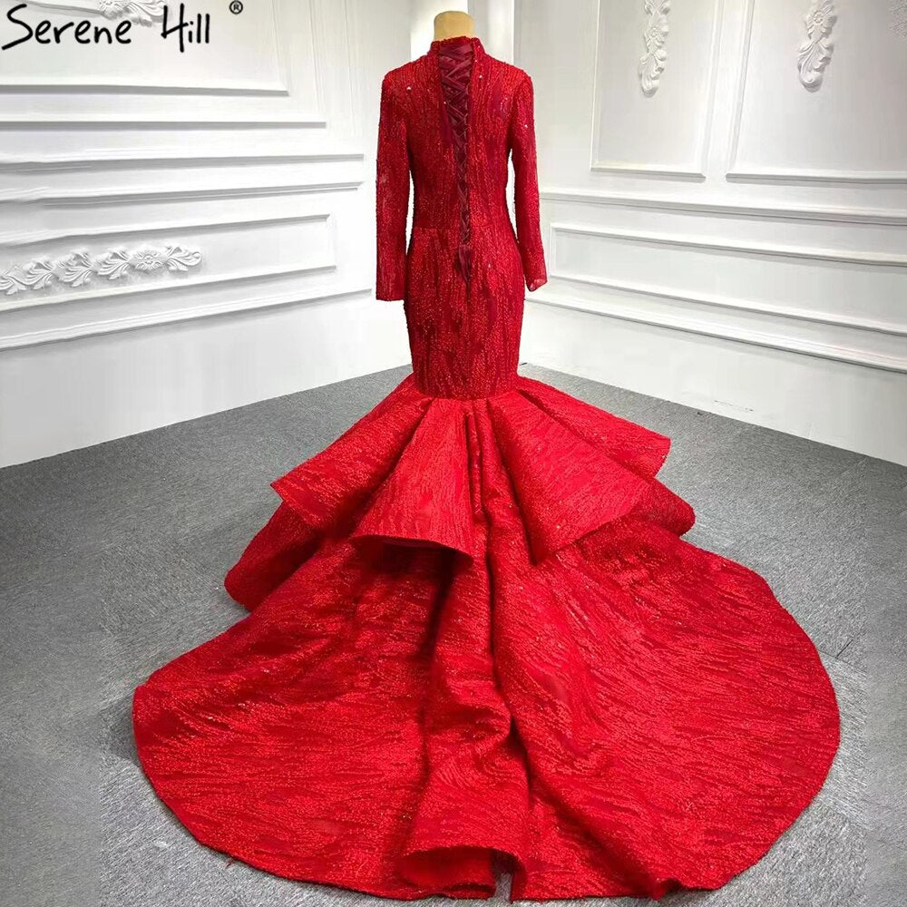 Serene Hill Muslim Red Mermaid Vintage Wedding Dress 2025 - Elegant Lace Up Bridal Gown HM66614M - Custom Made Islamic Wedding Dress for Modest Brides - Perfect for Beach Weddings, Destination Ceremonies & Halal Nikkah Events