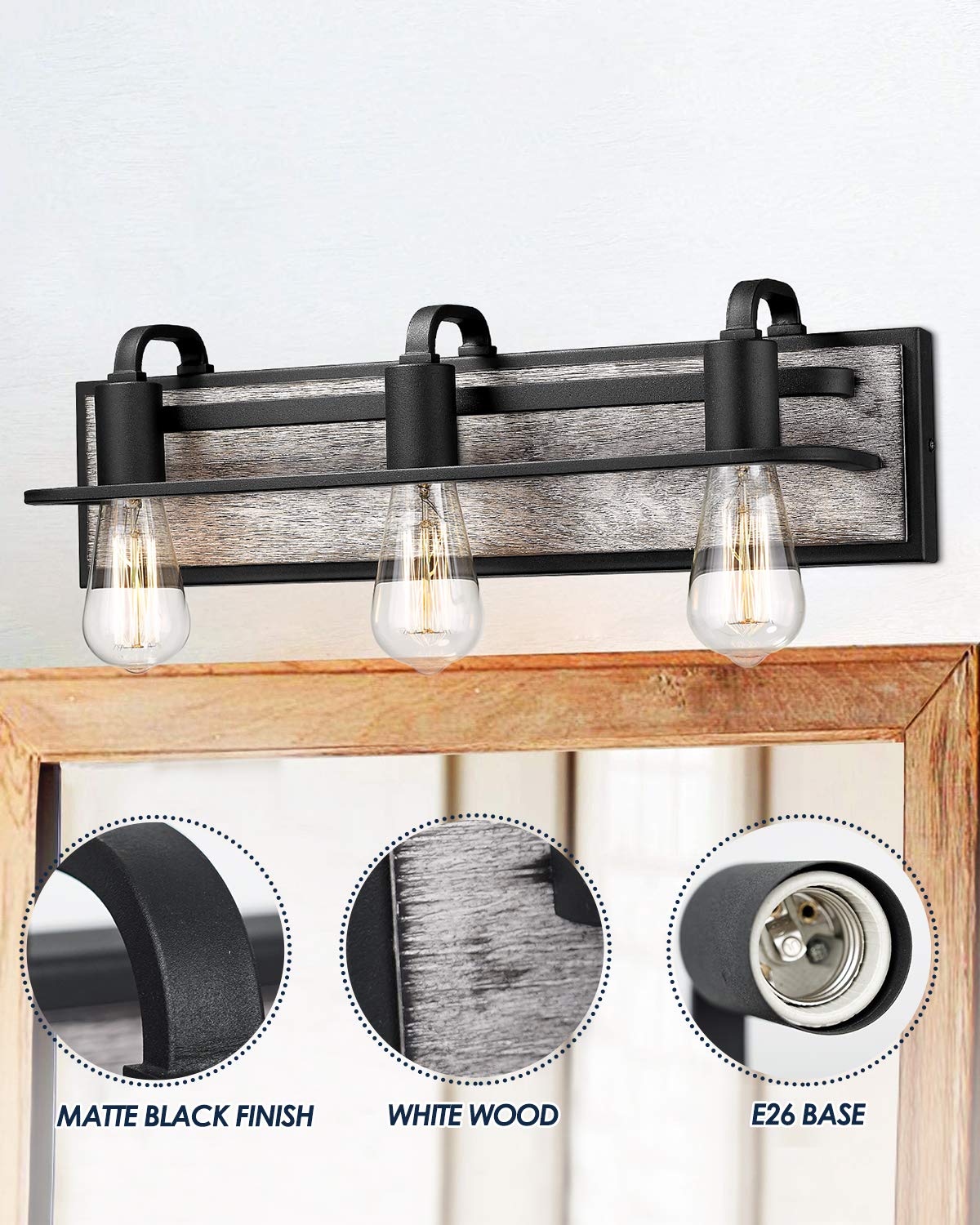 21.25 Inch White Wood & Black Bathroom Vanity Lights - Modern Mirror Lighting Fixture (Model MBA1236-YH) for Bathroom, Powder Room & Dressing Area