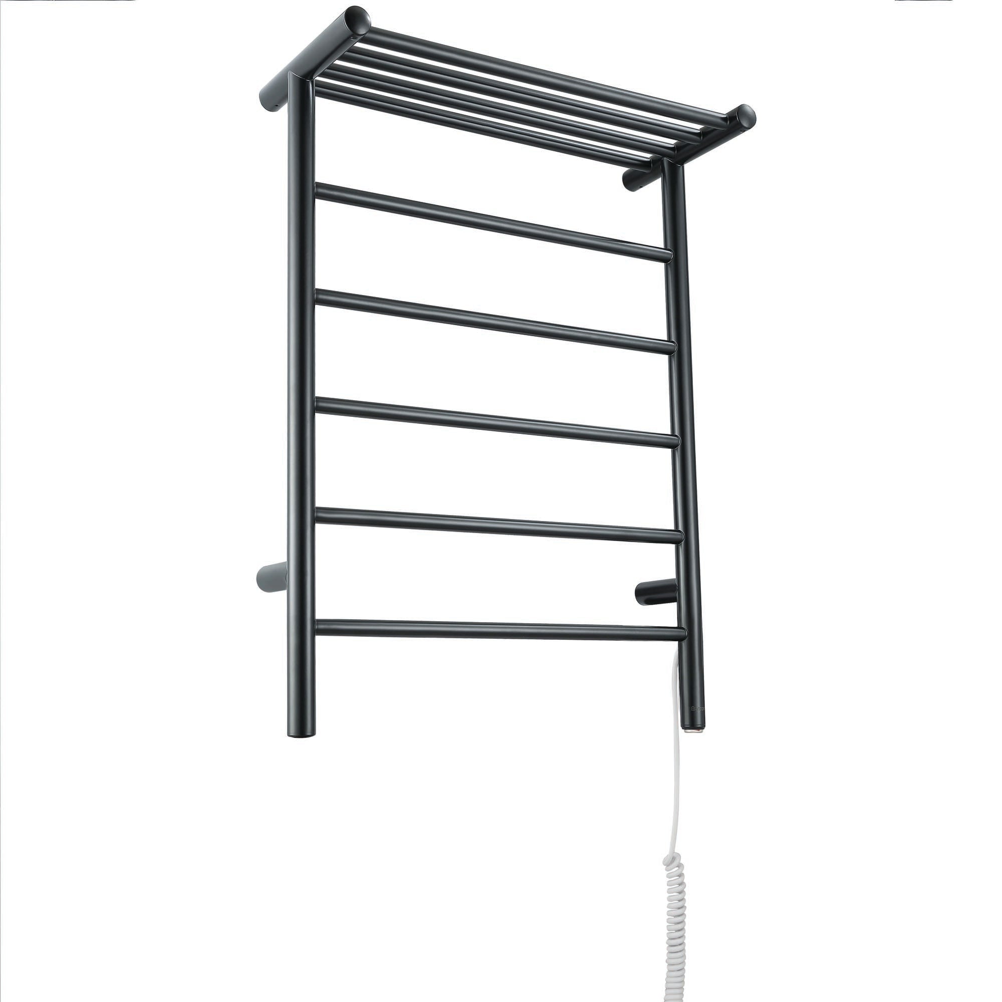 Miazzo 5-Bar Electric Wall Mount Towel Warmer with Shelf - Plug In or Hardwire Installation - Matte Black Finish - Perfect for Bathrooms, Spas & Luxury Home Decor