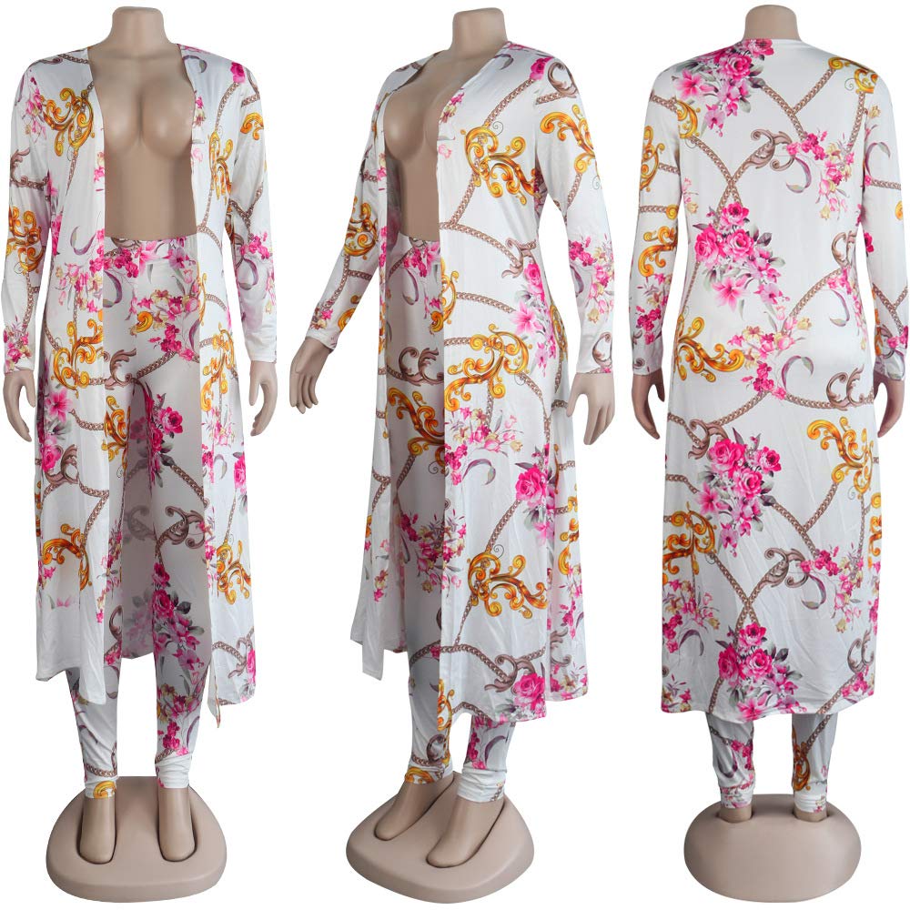 Women's Printed Long Cardigan 2-Piece Outfit Set with Long Sleeve Coat & Trousers | Stylish Fall/Winter Fashion for Work, Travel & Casual Wear