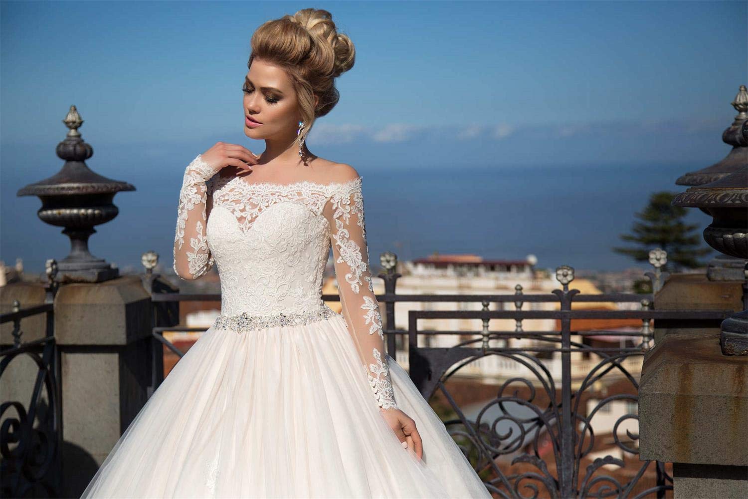 Ivory Lace Beaded Beach Wedding Dress for Bride 2021 - Long Sleeve Princess Bridal Gown - Perfect for Beach Weddings, Outdoor Ceremonies & Romantic Photos
