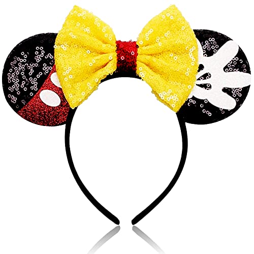 Shiny Yellow Bow Mouse Ears Headband with Glitter - Princess Cosplay Costume Hair Accessories for Girls & Women (Palmar/Yellow) - Perfect for Disney Theme Parties, Halloween Costumes & Birthday Celebrations
