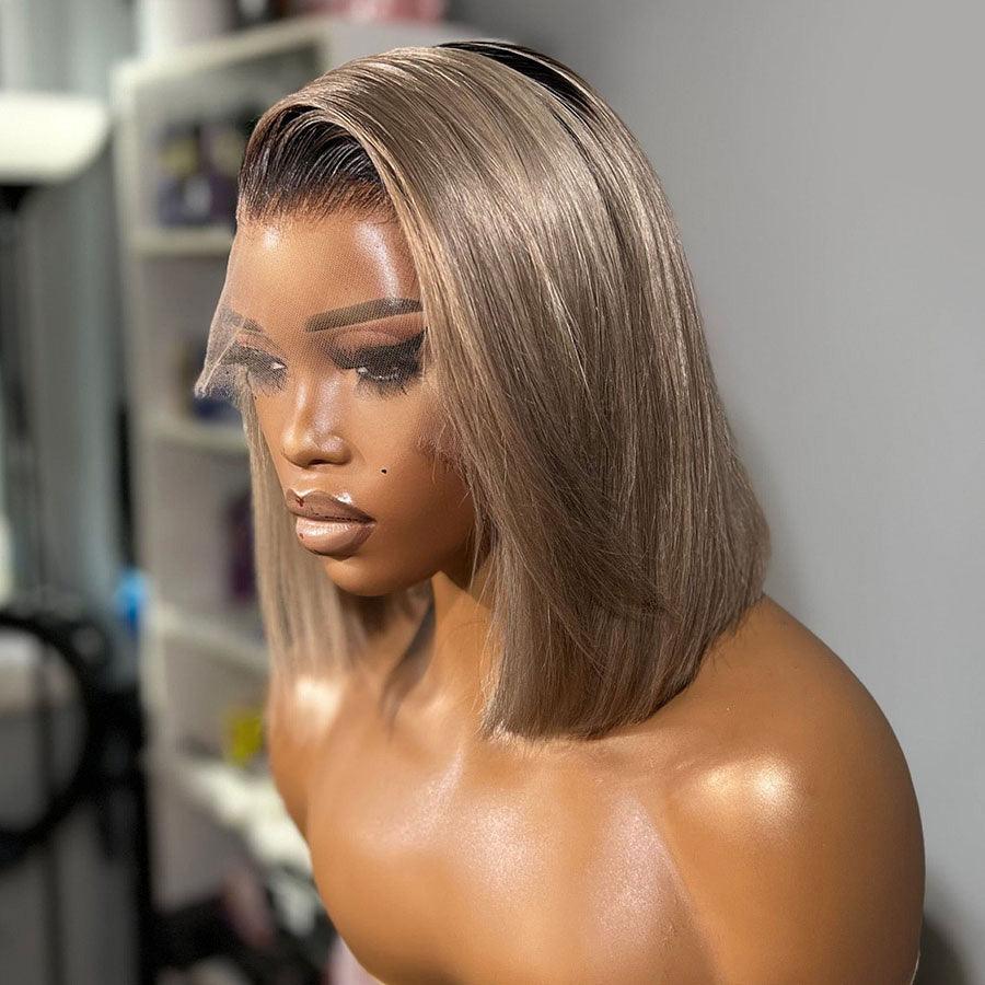 WOWANGEL Ash Grey Straight BOB Ombre 13X6 Skinlike Real HD Lace Wig - Natural Looking Human Hair Wig for Women, Perfect for Daily Wear, Cosplay & Special Occasions