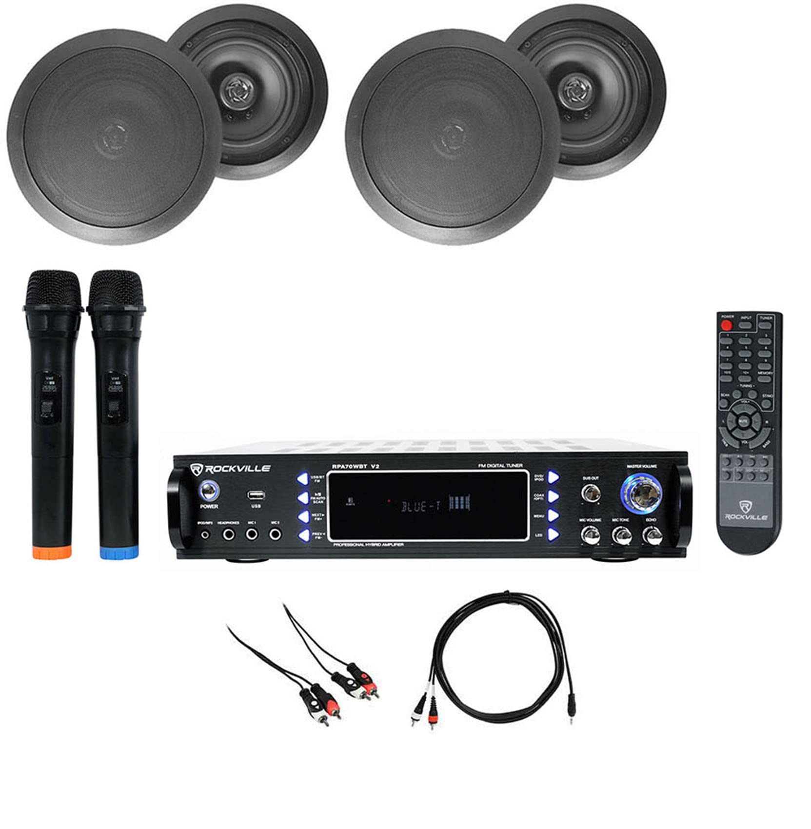 RPA70WBT Bluetooth Karaoke Amplifier with 4 x 6.5 Inch Black Ceiling Speakers & Microphones - Perfect for Home Theater, Karaoke Parties, and Multi-Room Audio Systems