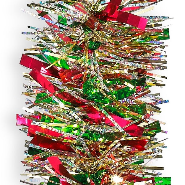 12' Fantasy Embossed Laser Red, Green & Gold Tinsel Garland - Christmas Tree Decorations, Holiday Party Decor, Home & Office Festive Decorations
