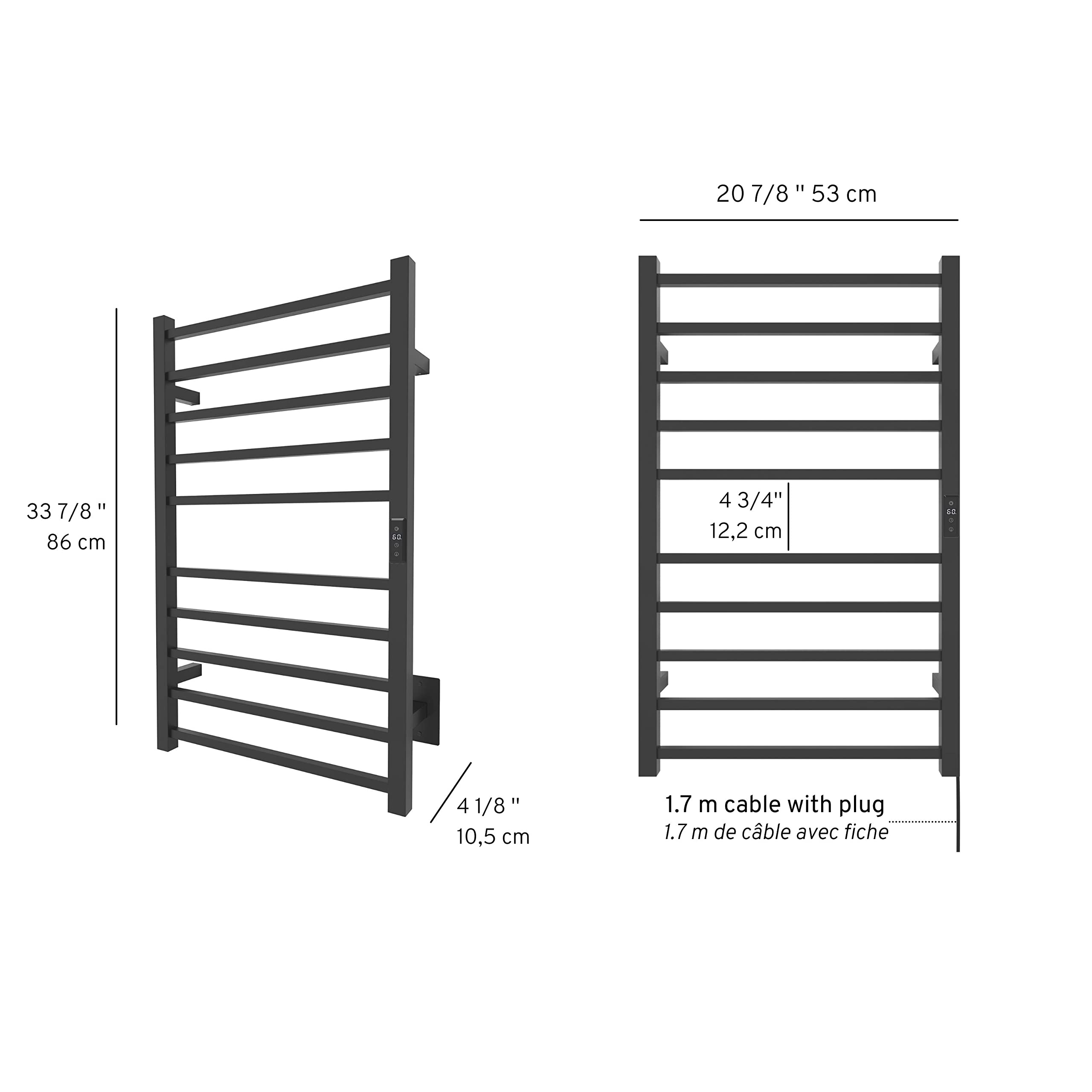 Odass Premium Electric Towel Warmer with Built-in Timer & LED Display - Adjustable Temperature 86°F to 140°F (30°C-60°C), 10-Square Bar Design, Wall Mountable in Matte Black - Perfect for Bathrooms, Spas & Luxury Home Use