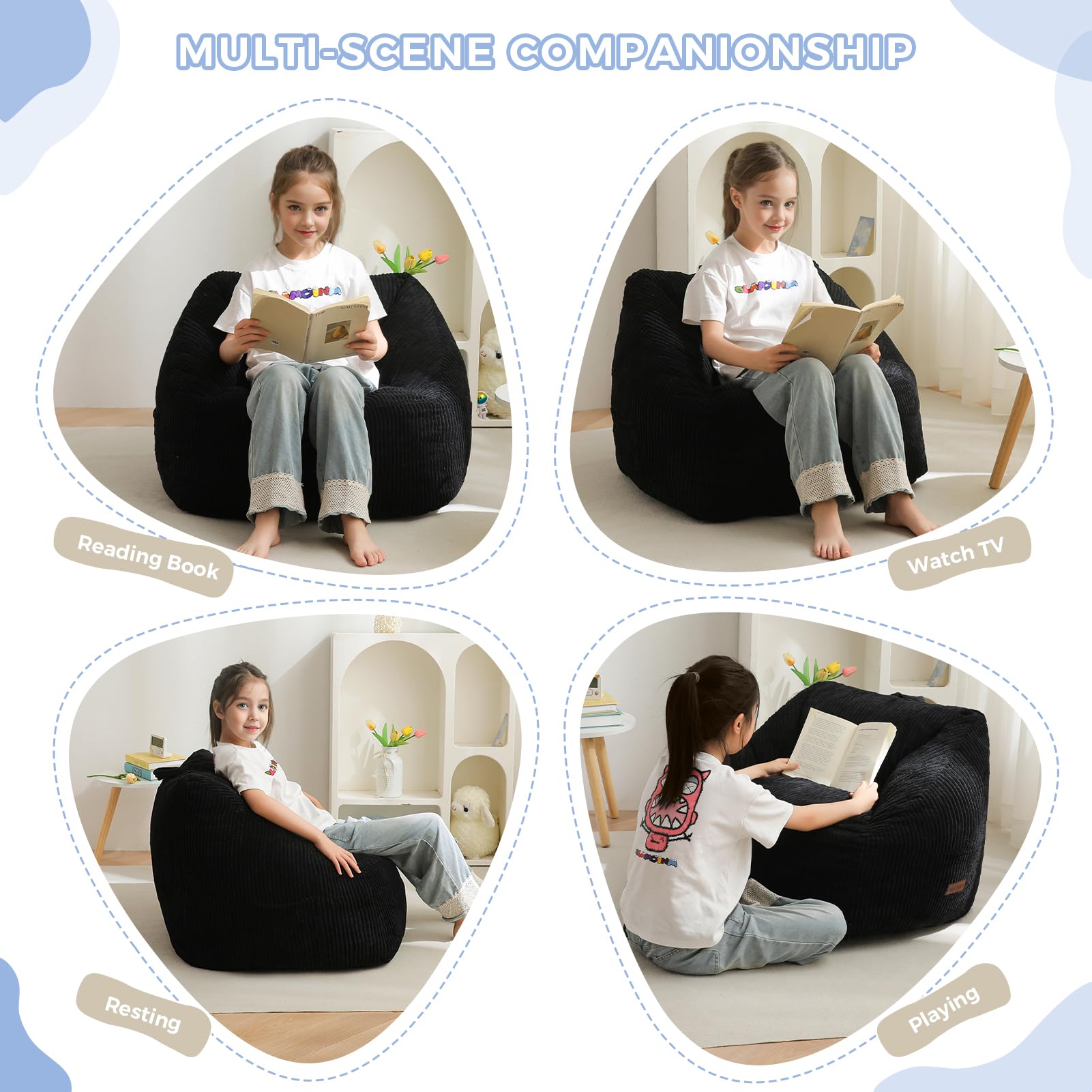 MAXYOYO Kids Bean Bag Chair - Soft Corduroy Bean Bag Couch with Handle & Storage Pocket for Gaming, Reading & Relaxing - Perfect for Bedroom, Playroom & Dorm Room - Black