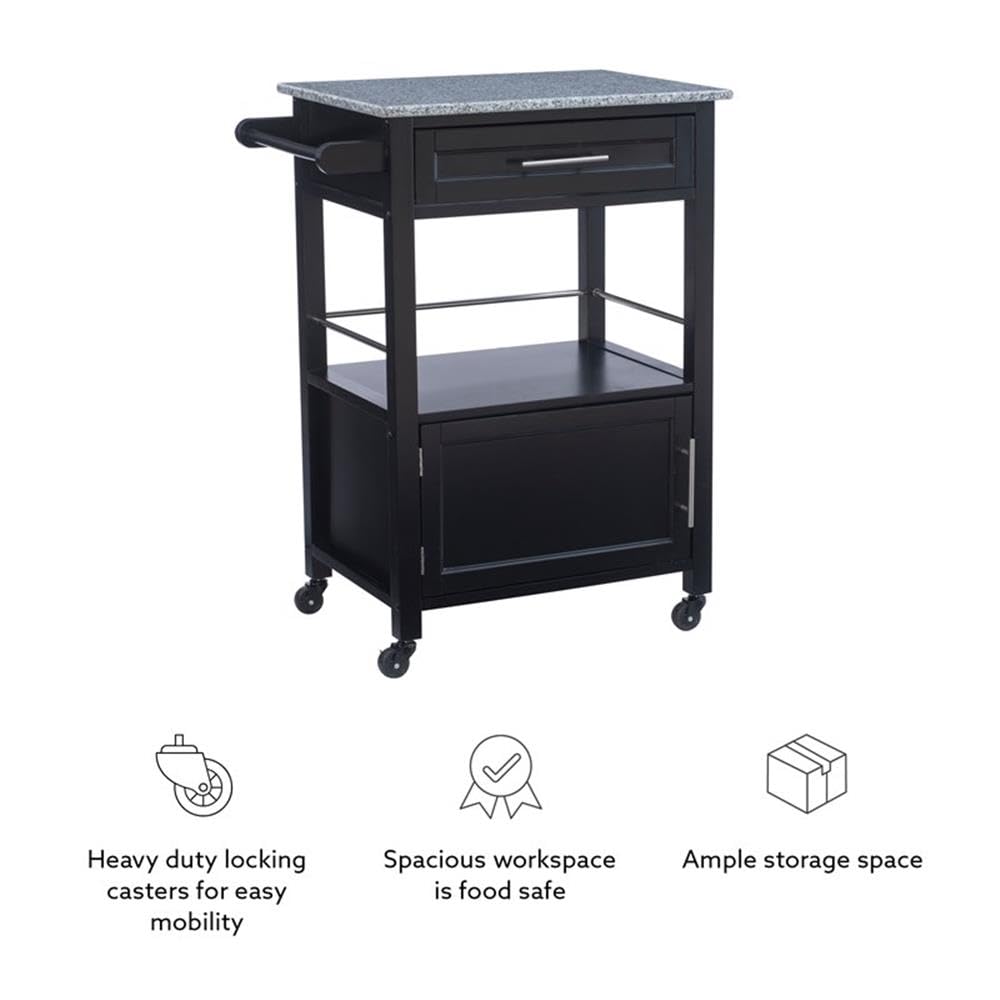 Linon Mitchell Wood Granite Top Rolling Kitchen Cart with Ample Storage - Black | Perfect for Small Kitchens, Dining Rooms & Outdoor Entertaining