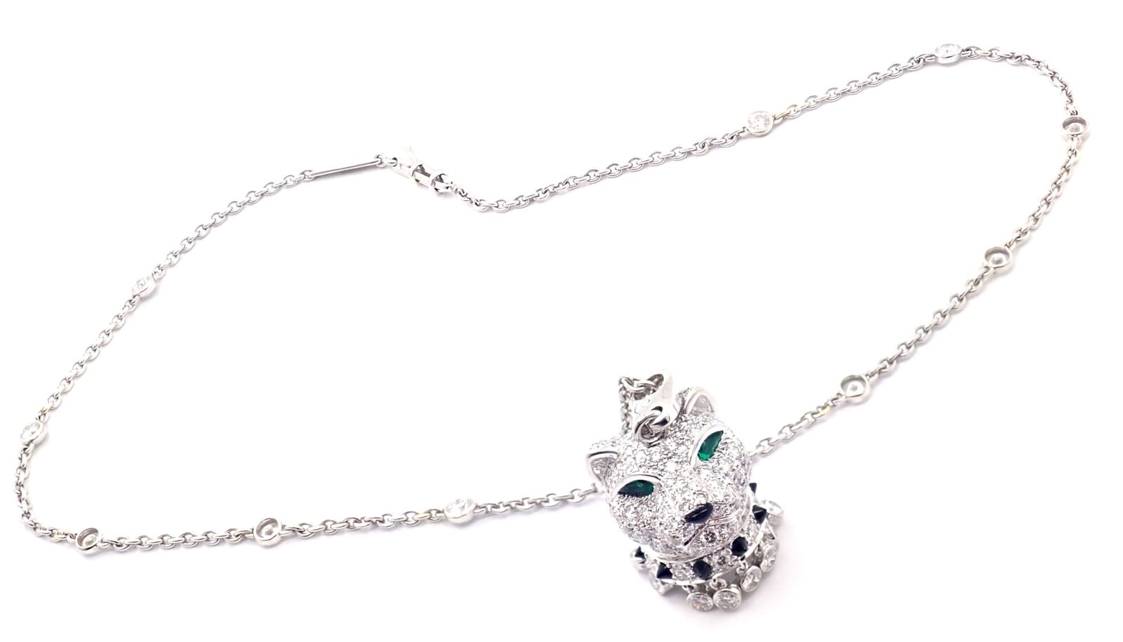 Authentic Cartier Panther 18k White Gold Diamond Emerald Onyx Pendant Necklace - Luxury Jewelry Gift for Women, Perfect for Weddings & Special Occasions