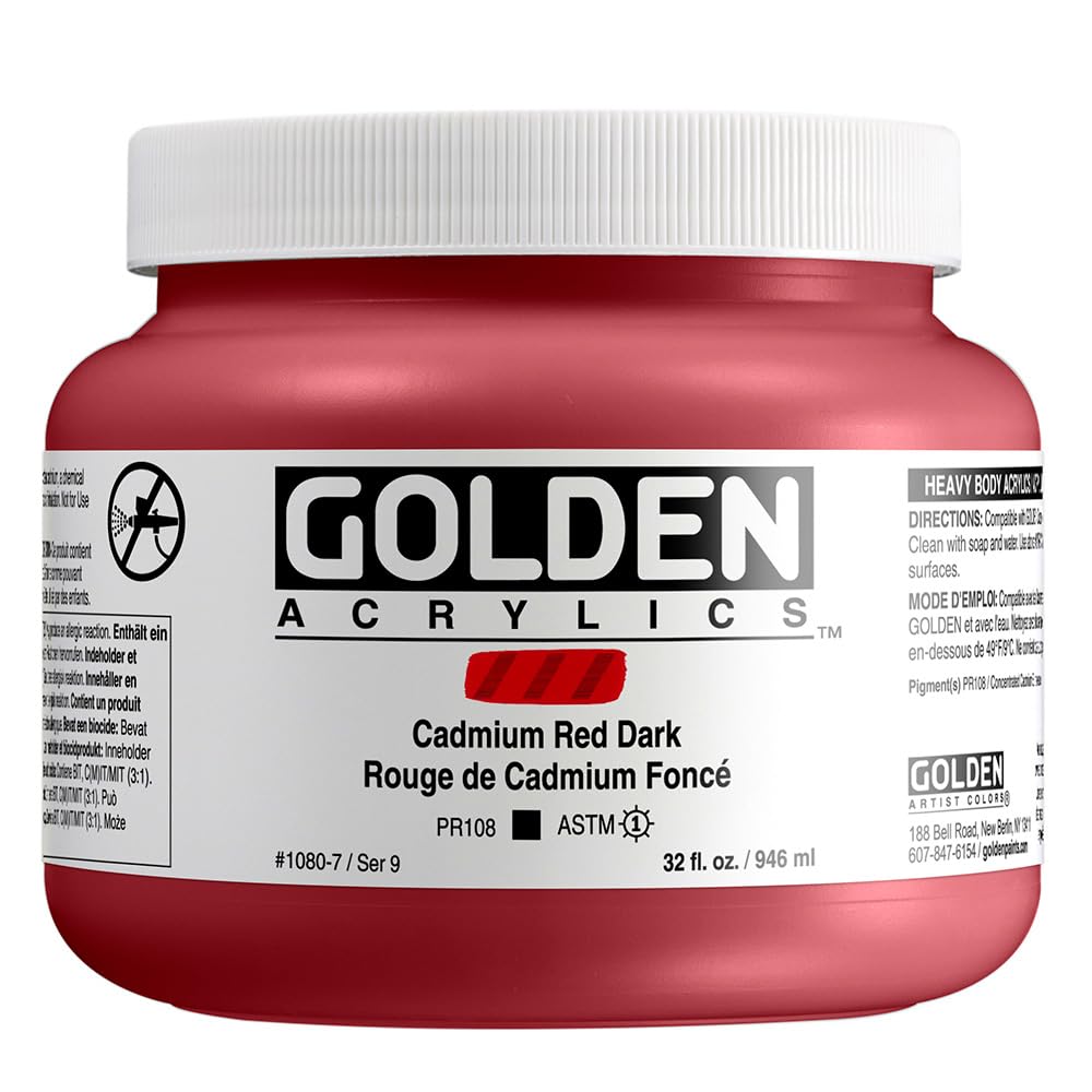 GOLDEN Heavy Body Acrylic Paint - Cadmium Red Dark (32 fl oz) | Professional Grade Opaque Acrylics for Canvas Painting, Murals & Fine Art