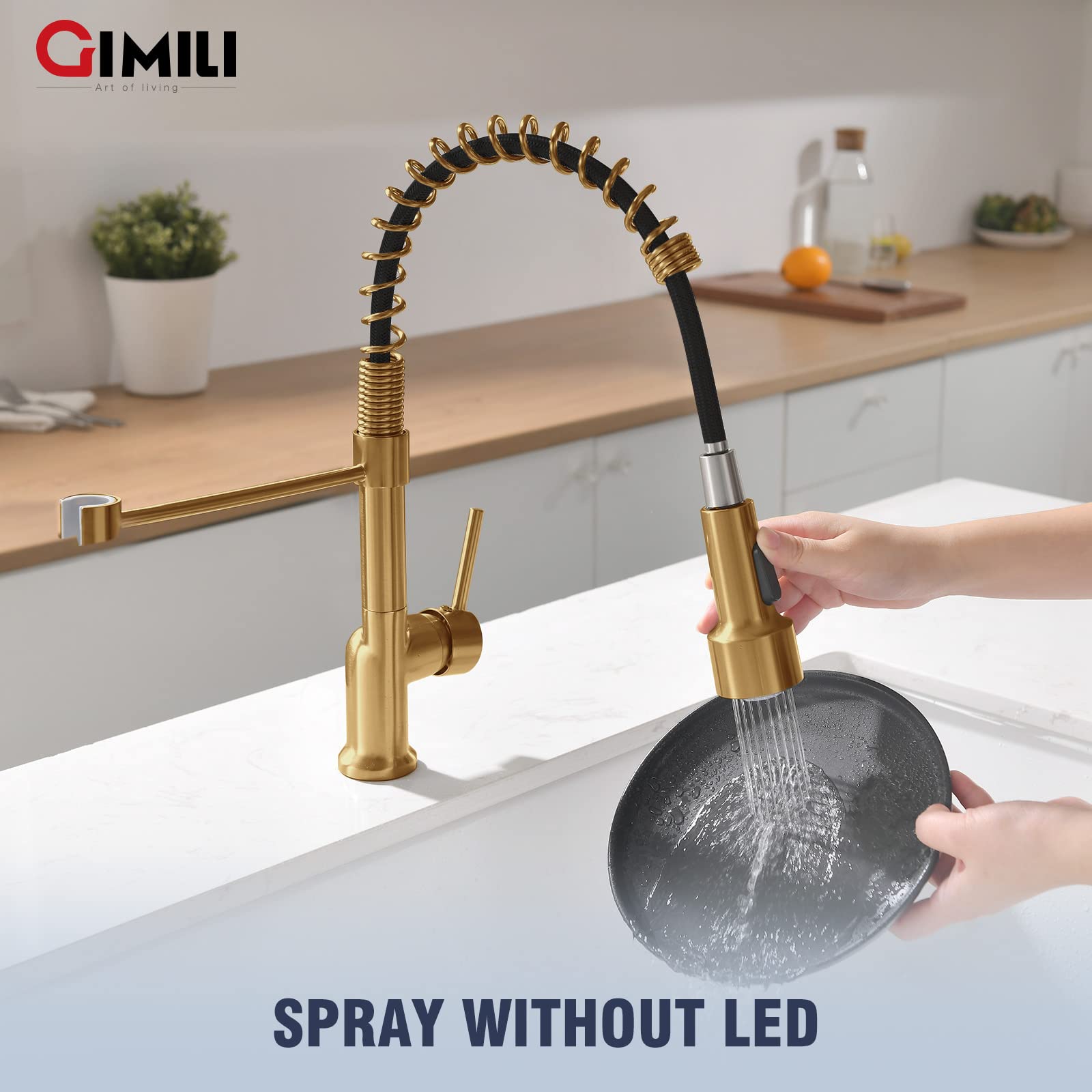 GIMILI Brushed Gold Kitchen Faucet with Pull Down Sprayer - Single Handle LED Kitchen Sink Faucet for Modern Home, Restaurant & Commercial Use