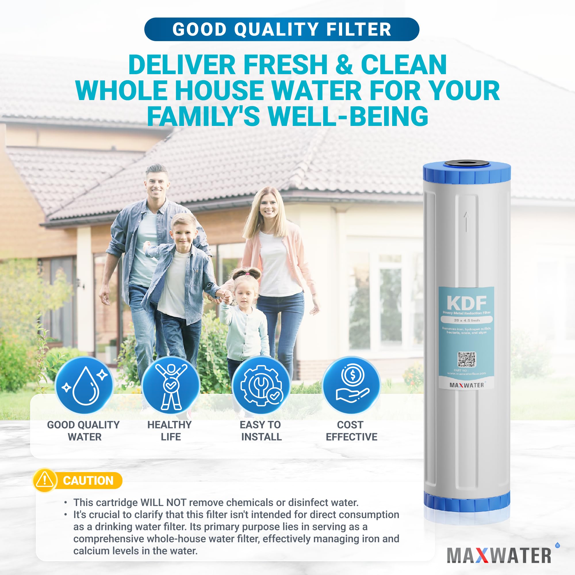 Max Water 20-Inch Heavy Metal Water Filter Cartridge - KDF 55 & GAC Carbon Filter (20