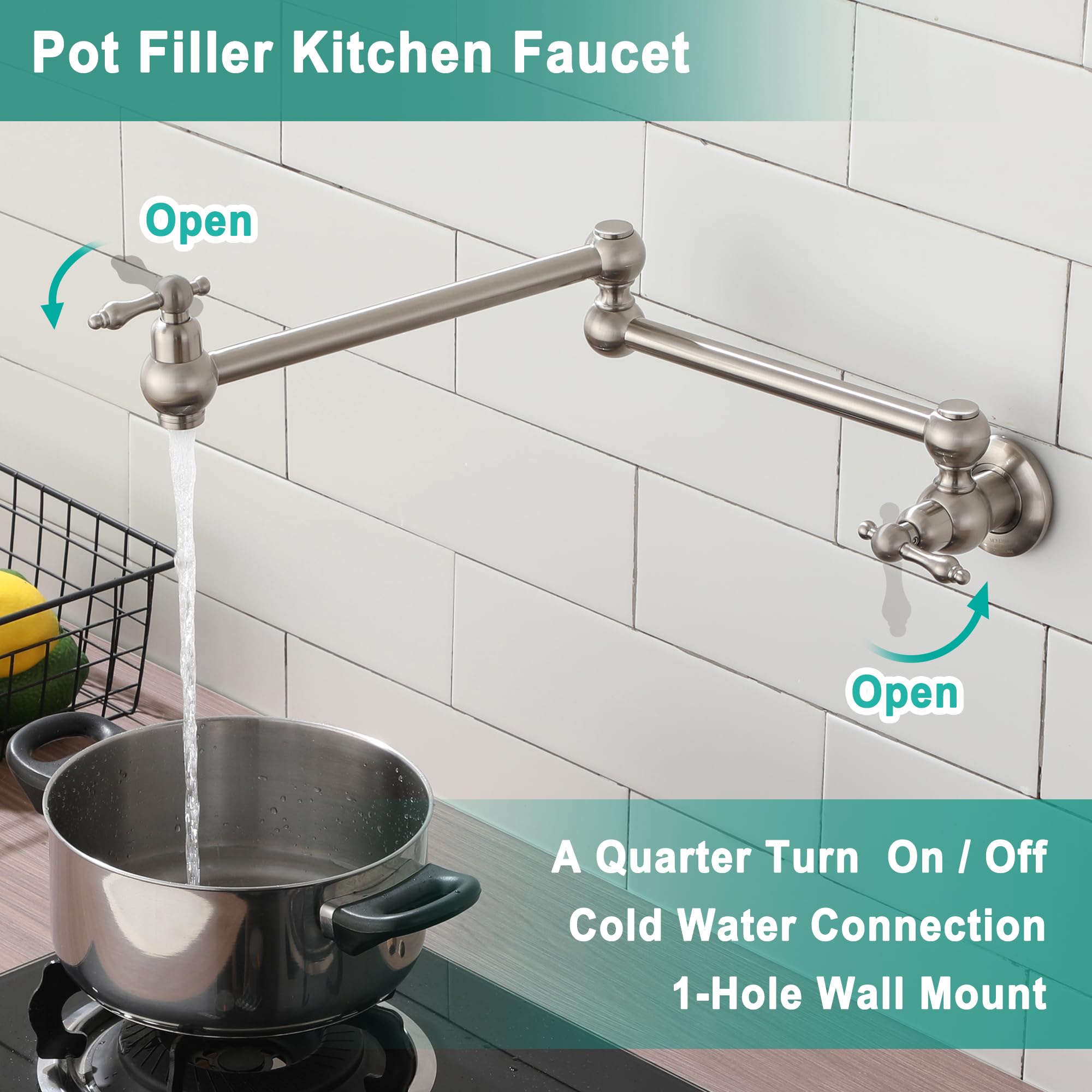 MONDAWE Brushed Nickel Wall Mount Pot Filler Faucet - Double Handle Brass Folding Pasta Faucet with 360° Rotation & 1.8 GPM Flow - Perfect for Kitchen Stove, Cooking Pasta, Filling Large Pots & Soup Making