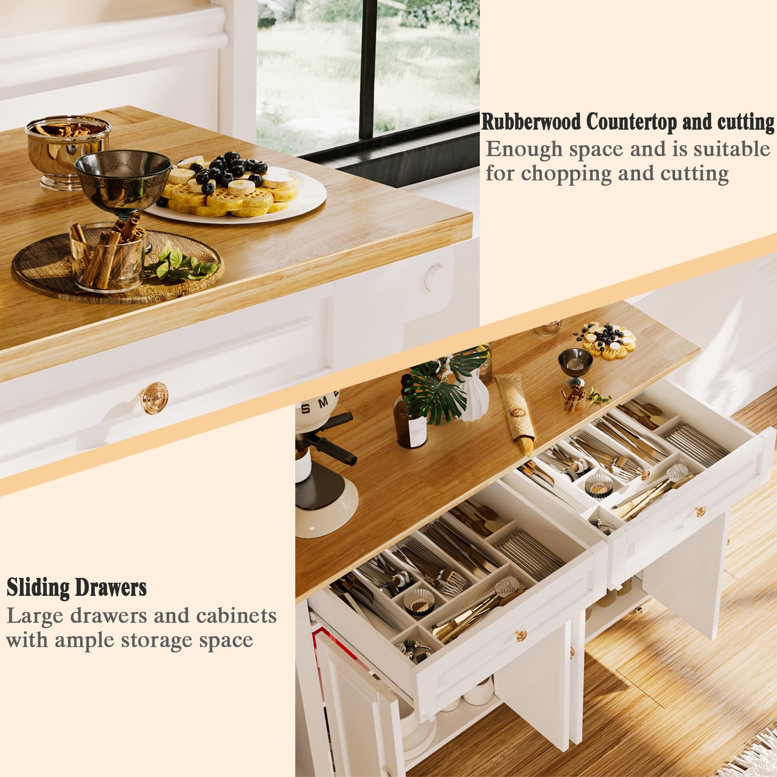 White Rolling Kitchen Island with Drop Leaf - Mobile Kitchen Cart with Storage, Towel Rack & Drawers - Perfect for Small Kitchens, Dining Rooms & Food Prep Areas