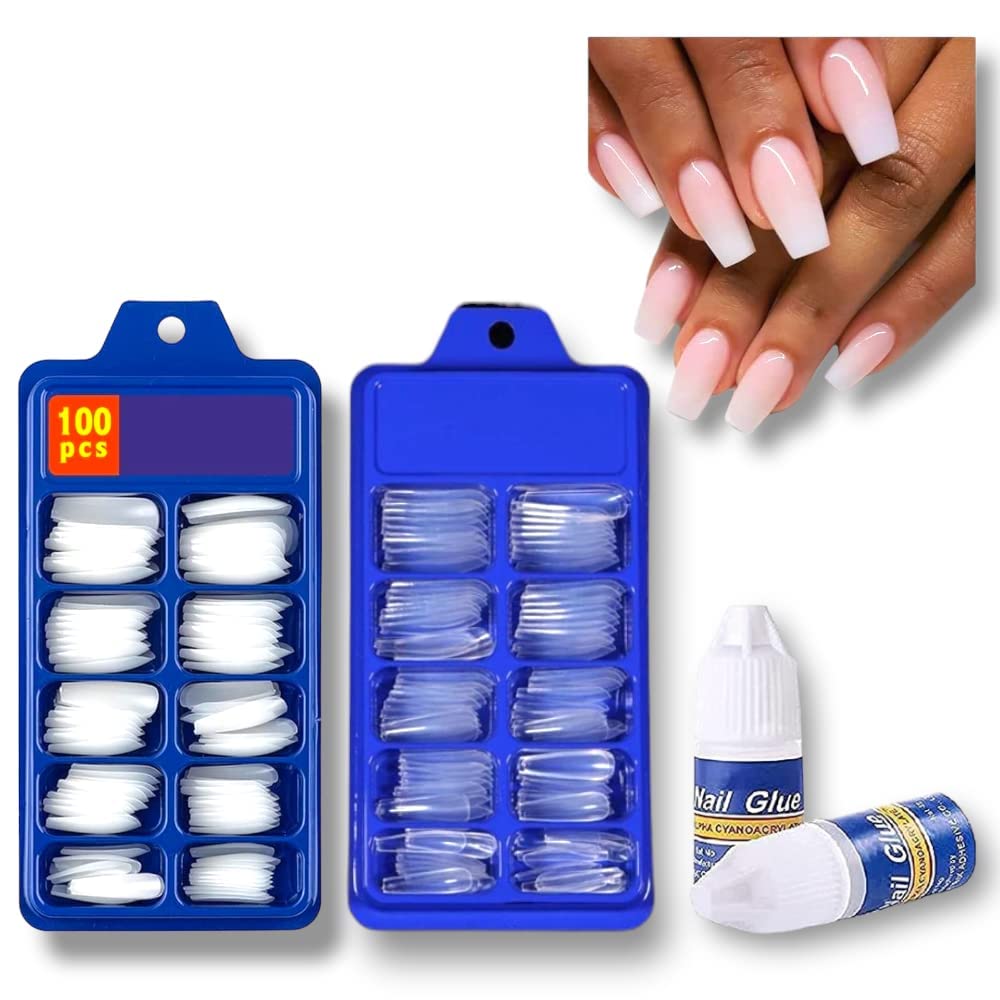 GOLD MAX 100-Piece Artificial Nails Set - White & Clear Press-On Nails with 2 Nail Glues | Perfect for Women & Girls | Birthday, Office, Party, Casual Wear & Diwali Celebrations | Easy DIY Manicure at Home