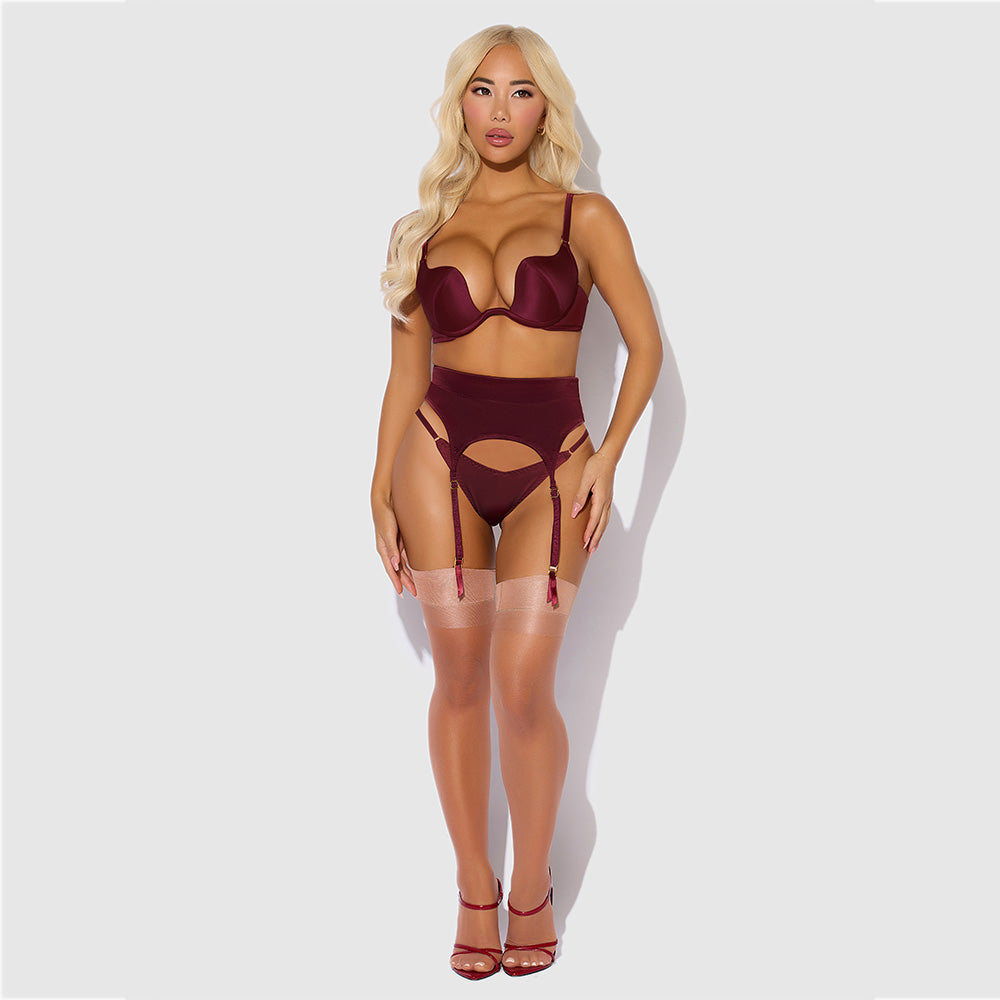 Brigeta Satin Plunge Bra & Lingerie Set with Garter Belt and Thong - Sexy Lace Underwear for Women - Perfect for Valentine's Day, Bridal Shower, and Romantic Nights