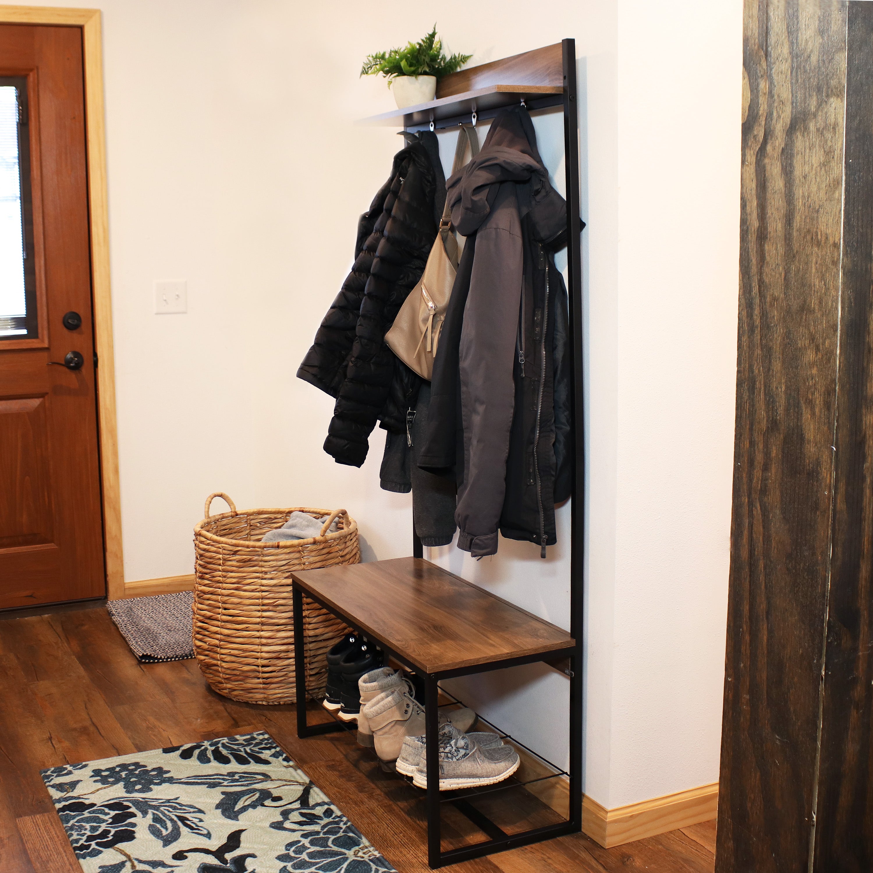 Sunnydaze Industrial Entryway Storage Bench with Coat & Shoe Rack - 67