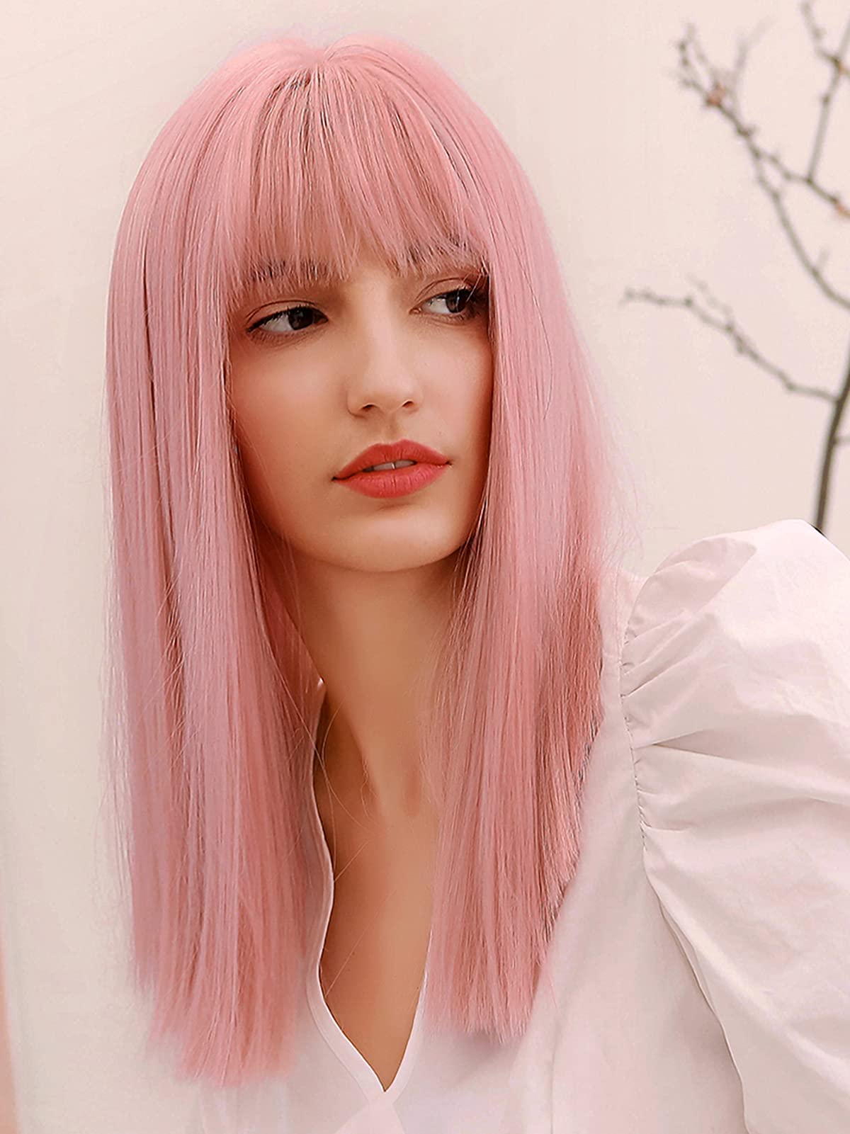 Happy Cherry Light Pink Long Straight Synthetic Wigs for Women with Bangs - Heat Resistant Natural Look Cosplay & Party Wig - Perfect for Halloween, Costume Parties, Anime Conventions and Daily Fashion