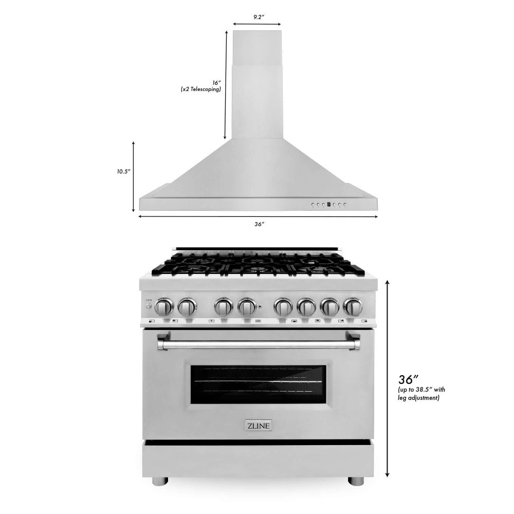 ZLINE 36 Inch Professional Kitchen Package - Stainless Steel Dual Fuel Range & Convertible Vent Hood (2KP RARH36) | Perfect for Home Chefs & Modern Kitchens