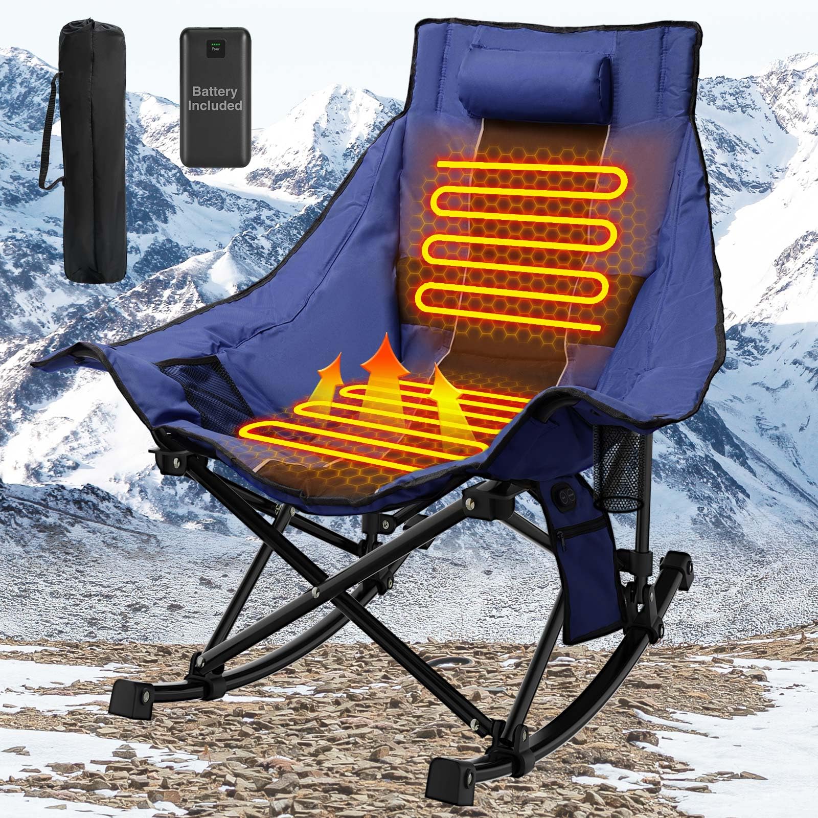 XL Heated Camping Chair with 3-Level Adjustable Heating for Back & Seat - Oversized Portable Outdoor Folding Rocking Chair for Camping, Backyard, Fishing & Winter Sports - Heavy Duty Lawn Chair with Heating