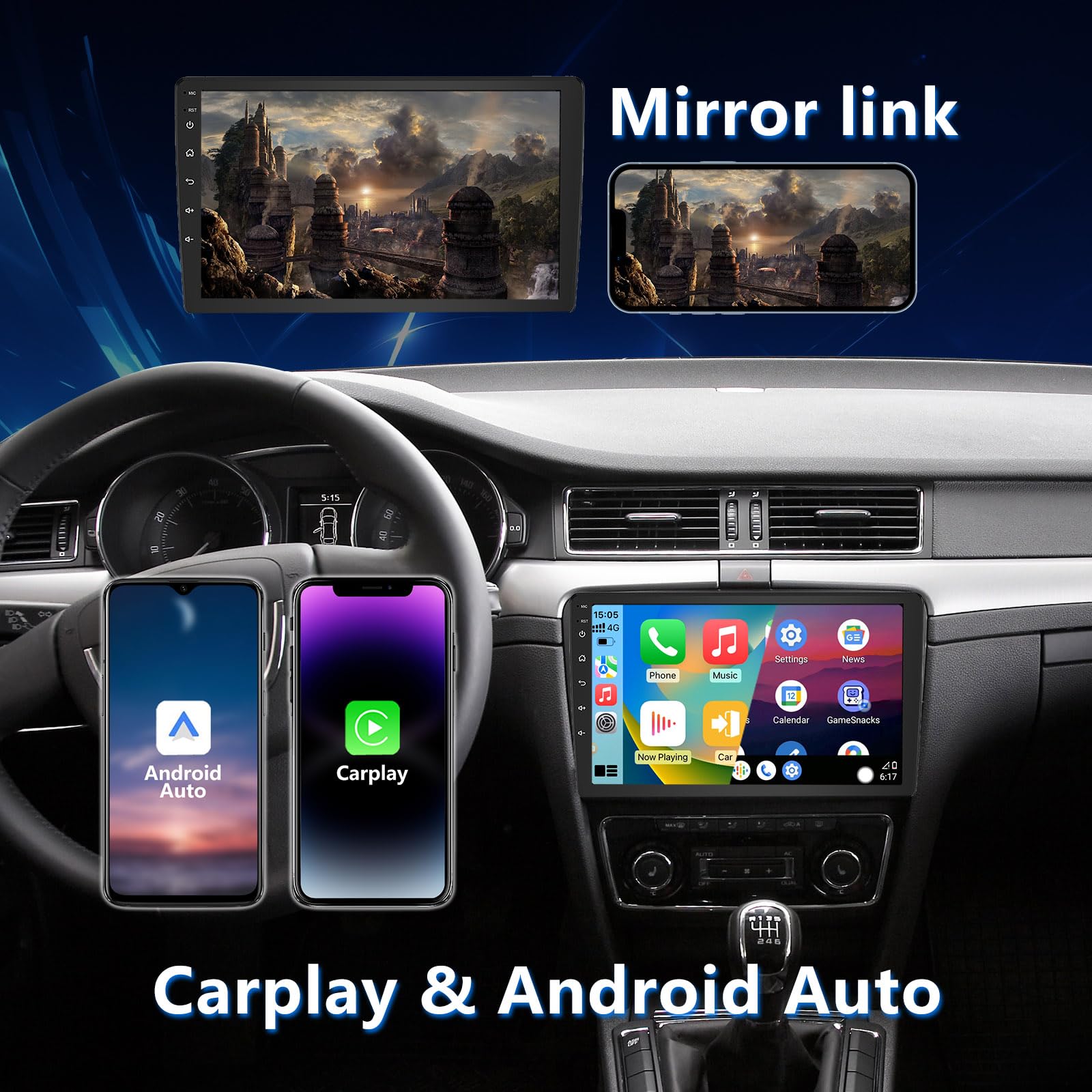 10 Inch Android 13 Double DIN Car Stereo with Wireless CarPlay & Android Auto - 2GB RAM 64GB ROM Touchscreen Head Unit, GPS Navigation, Bluetooth, FM Radio, SWC, Backup Camera - Perfect for SUV, Truck & Sedan Upgrades