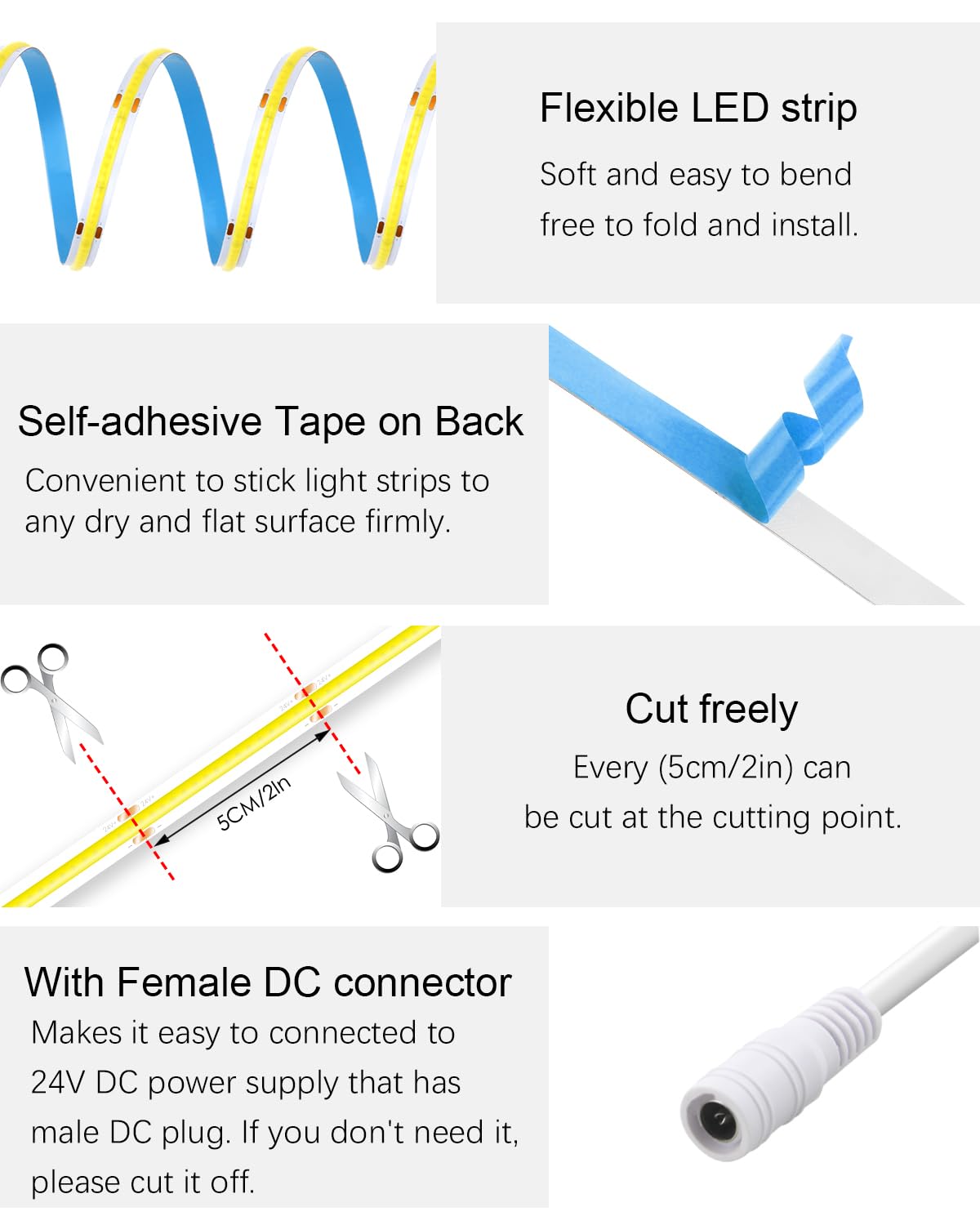ALITOVE 32.8ft COB Daylight White LED Strip Lights 6000K Super Bright, High CRI>90, 24V Dimmable LED Light Strip with Power Adapter & Remote - Perfect for Home, Office, Mirror Backlighting, Wardrobe, Bookcase, Cabinet Lighting