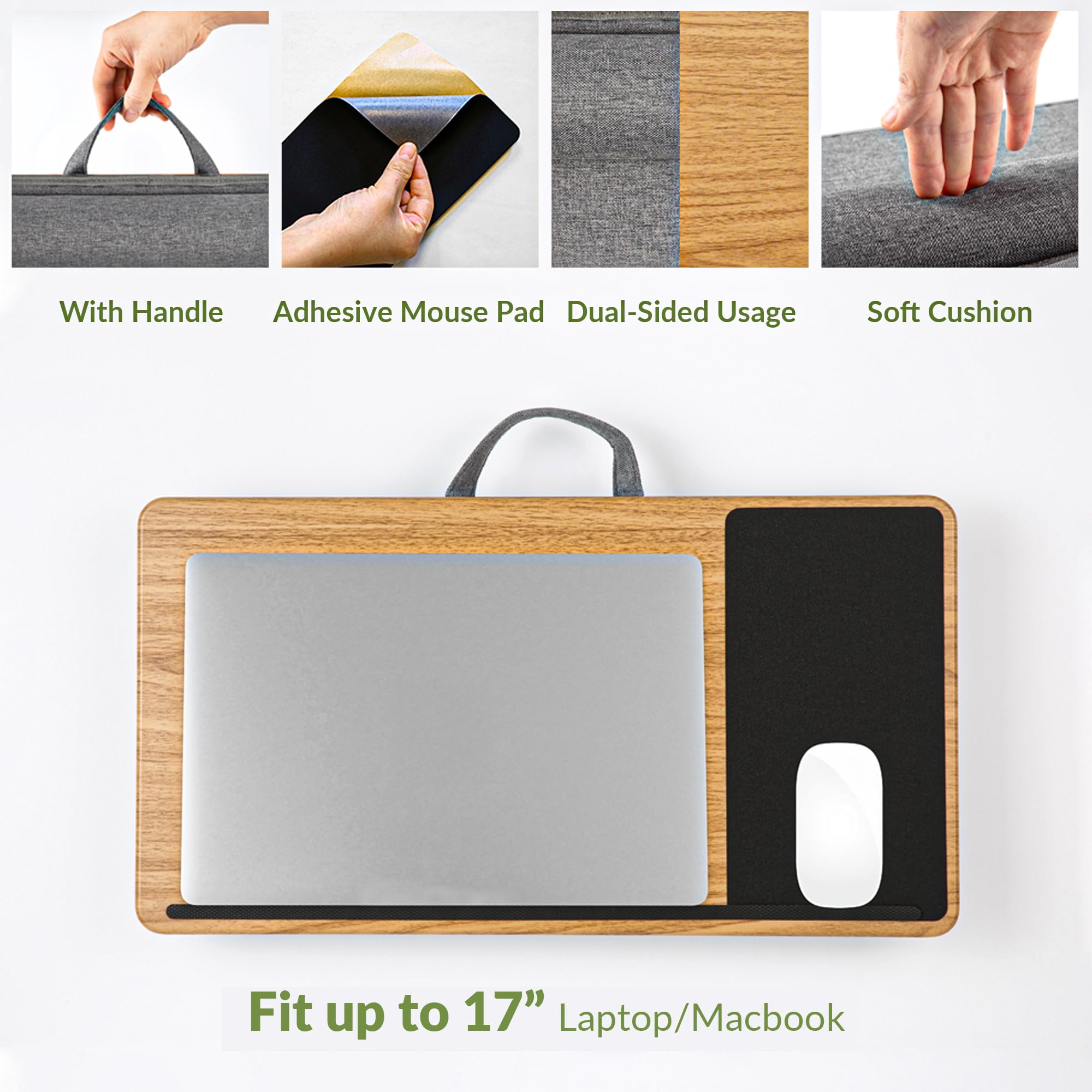 Portable Engineered Wood Lap Desk with Soft Cushion & Wrist Rest, Adjustable Bed Tray Laptop Stand for 17 inch Devices, Home Office & Cozy Bedroom Workspace