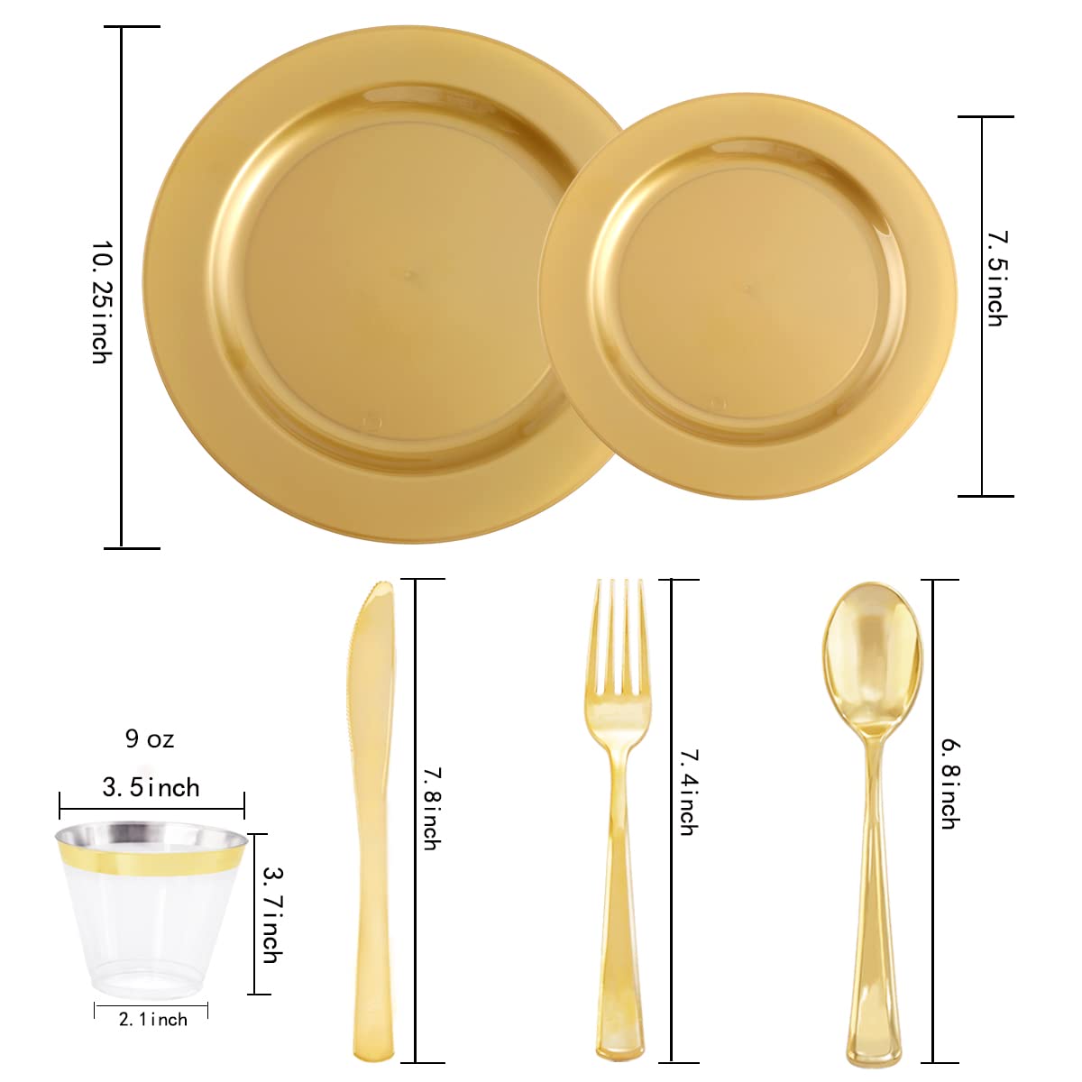 DaYammi 180-Piece Gold Plastic Party Tableware Set - 30 Dinner Plates, 30 Dessert Plates, 30 Forks, 30 Knives, 30 Spoons, 30 Cups - Elegant Disposable Gold Cutlery for Weddings, Birthdays, Baby Showers & Special Events