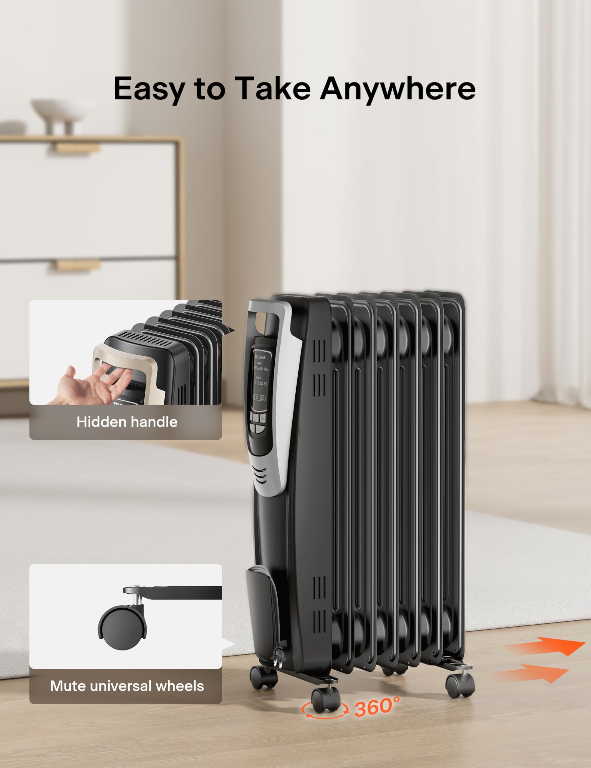 PELONIS Oil Filled Radiator Heater with Remote Control - 1500W Quiet Space Heater with Thermostat, LED Display & 5 Heat Settings - Overheat & Tip-Over Protection for Large Rooms, Bedroom, Office - Silver